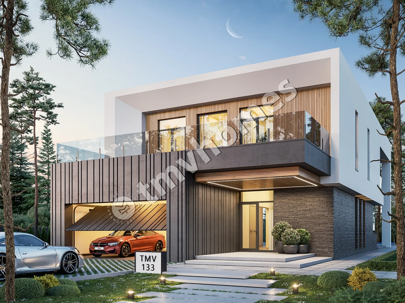 Divstāvu mājas projekts 415 m²: 3 Guļamistabas, Darba istaba, 4 Vannasistabas, Atvērta virtuve, Garāža