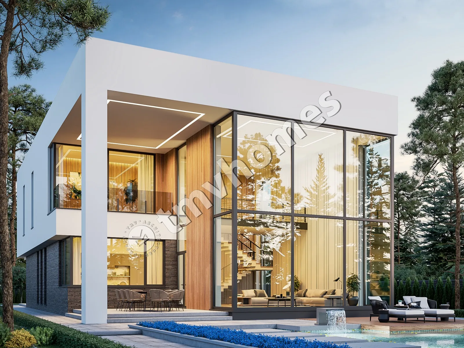 Divstāvu mājas projekts 415 m²: 3 Guļamistabas, Darba istaba, 4 Vannasistabas, Atvērta virtuve, Garāža