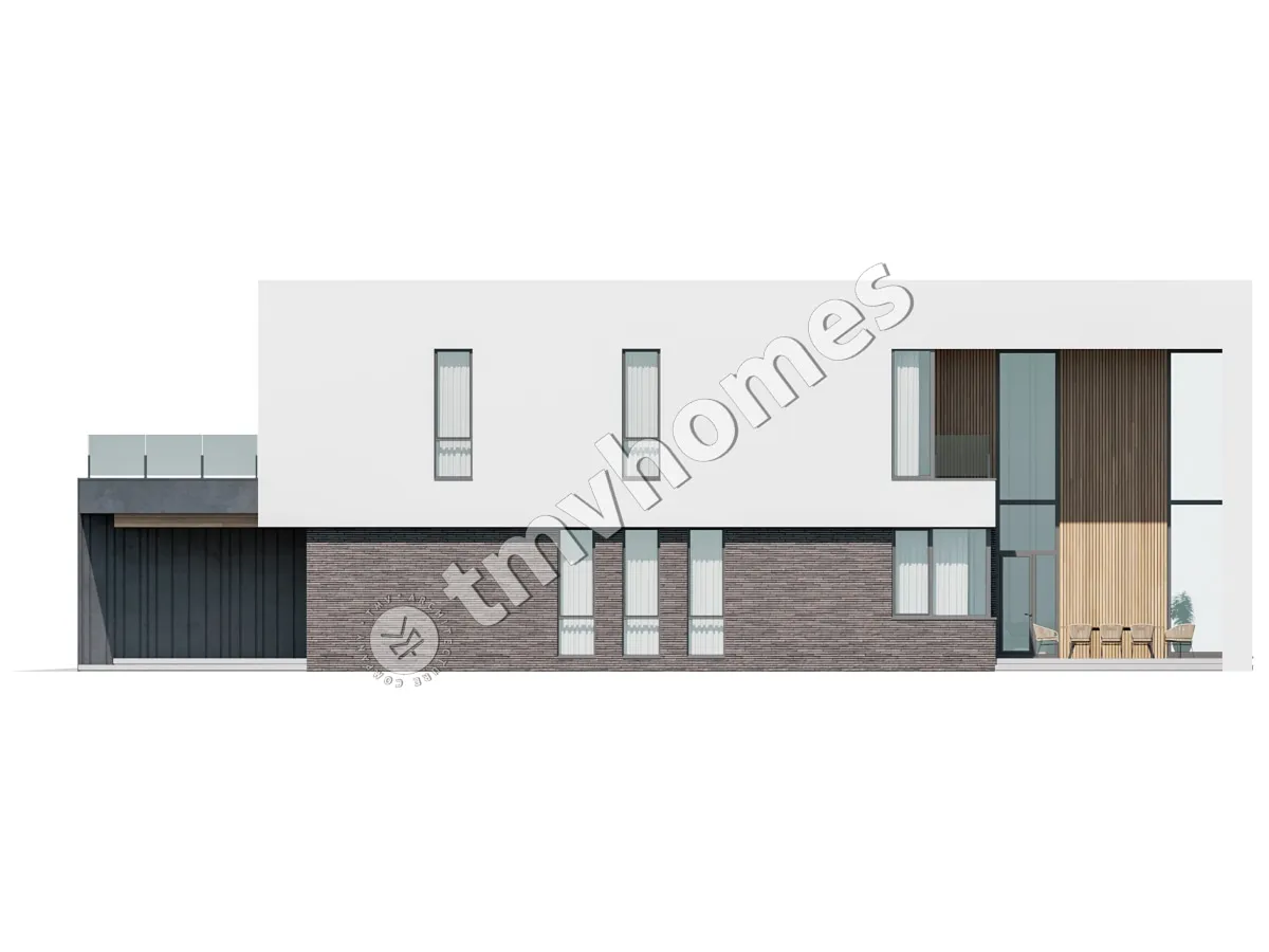 Divstāvu mājas projekts 415 m²: 3 Guļamistabas, Darba istaba, 4 Vannasistabas, Atvērta virtuve, Garāža
