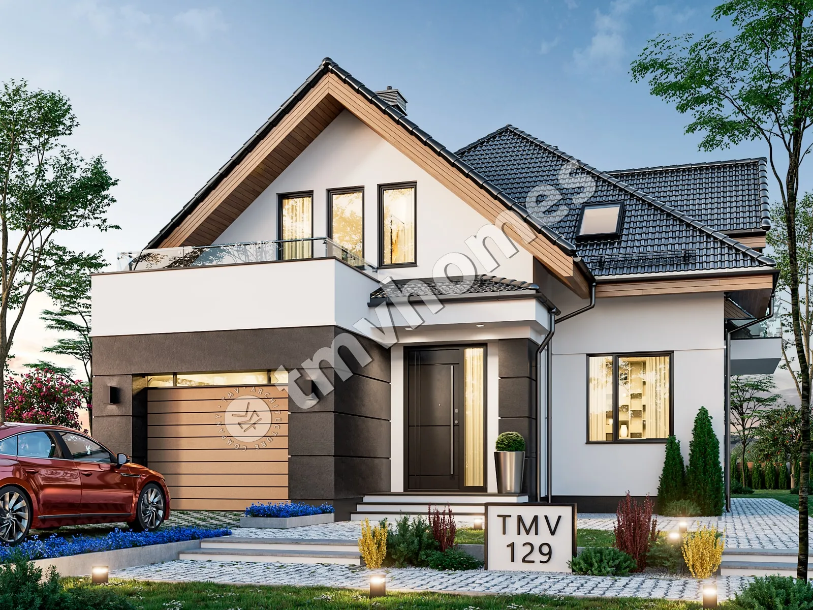 Mājas projekts ar mansardu 225 m²: 3 Guļamistabas, Darba istaba, 3 Vannasistabas, Atvērta virtuve, Garāža