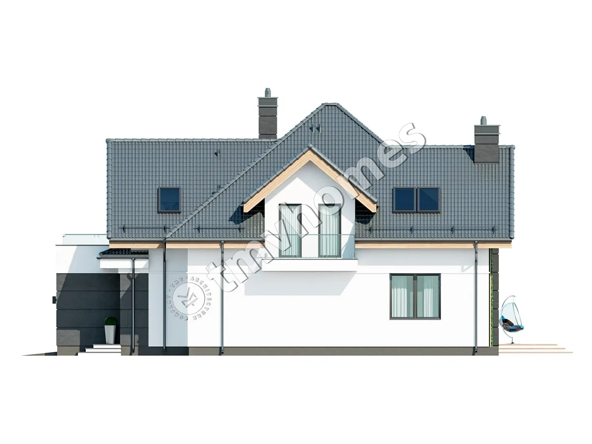 Mājas projekts ar mansardu 225 m²: 3 Guļamistabas, Darba istaba, 3 Vannasistabas, Atvērta virtuve, Garāža