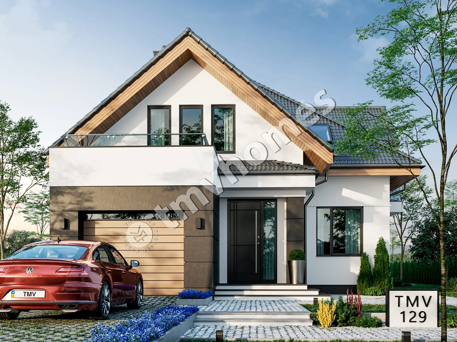 Mājas projekts ar mansardu 225 m²: 3 Guļamistabas, Darba istaba, 3 Vannasistabas, Atvērta virtuve, Garāža