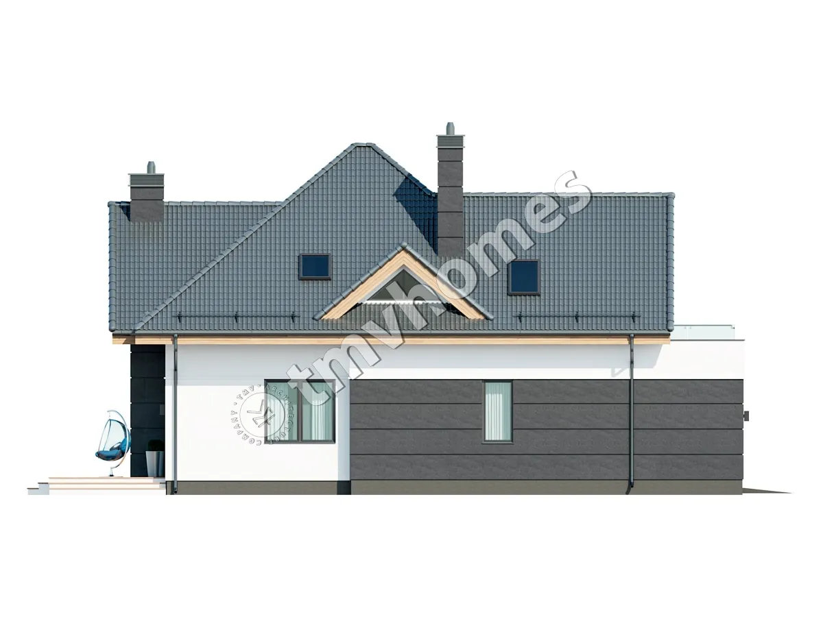 Mājas projekts ar mansardu 225 m²: 3 Guļamistabas, Darba istaba, 3 Vannasistabas, Atvērta virtuve, Garāža