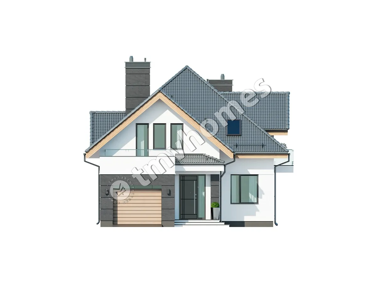 Mājas projekts ar mansardu 225 m²: 3 Guļamistabas, Darba istaba, 3 Vannasistabas, Atvērta virtuve, Garāža