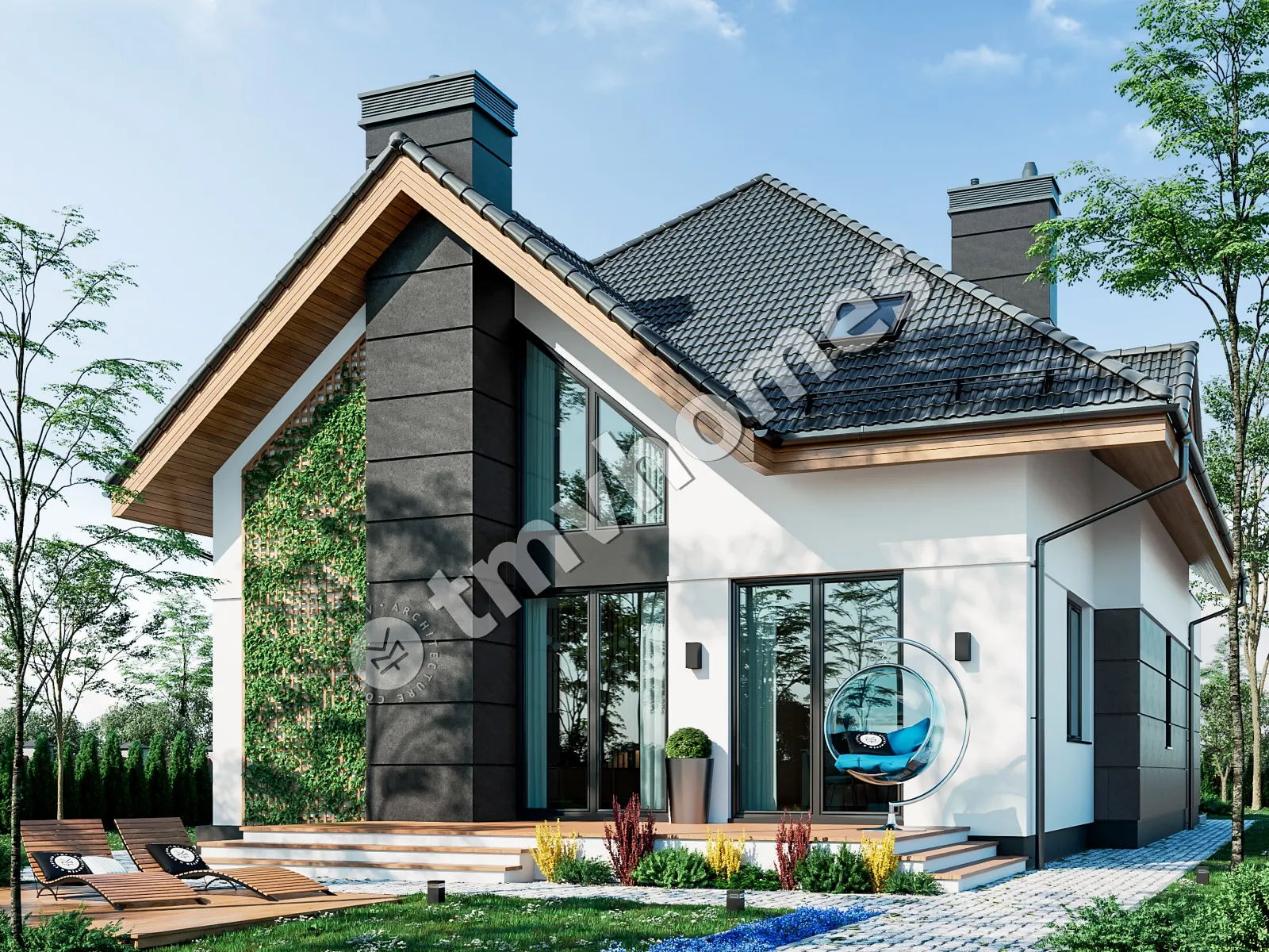 Mājas projekts ar mansardu 225 m²: 3 Guļamistabas, Darba istaba, 3 Vannasistabas, Atvērta virtuve, Garāža