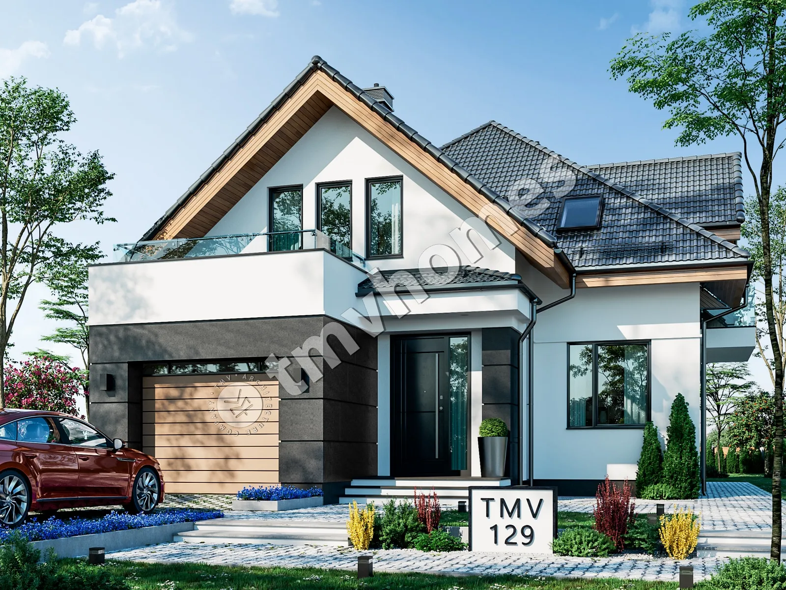 Mājas projekts ar mansardu 225 m²: 3 Guļamistabas, Darba istaba, 3 Vannasistabas, Atvērta virtuve, Garāža