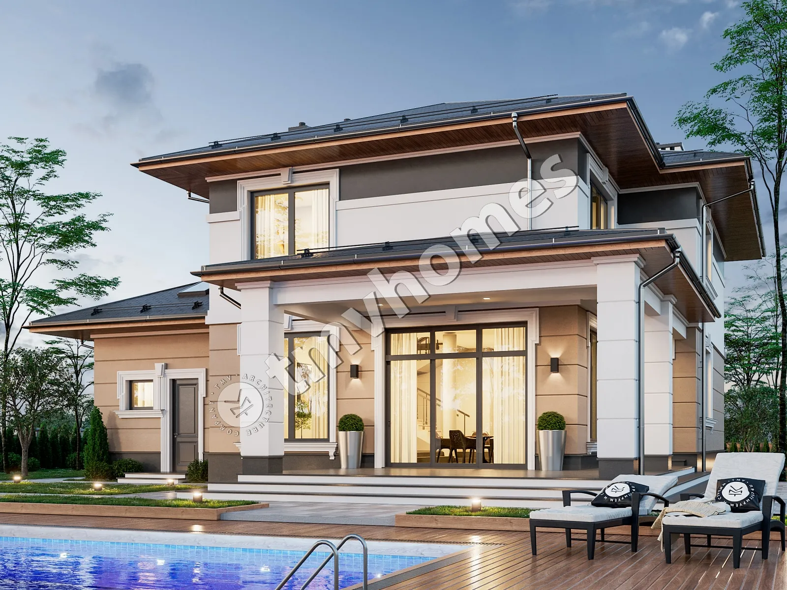 Divstāvu mājas projekts 332 m²: 3 Guļamistabas, 3 Vannasistabas, Atvērta virtuve, Garāža