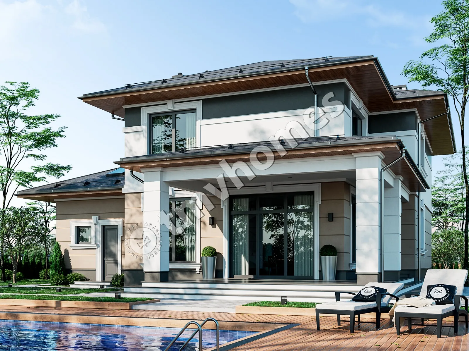 Divstāvu mājas projekts 332 m²: 3 Guļamistabas, 3 Vannasistabas, Atvērta virtuve, Garāža