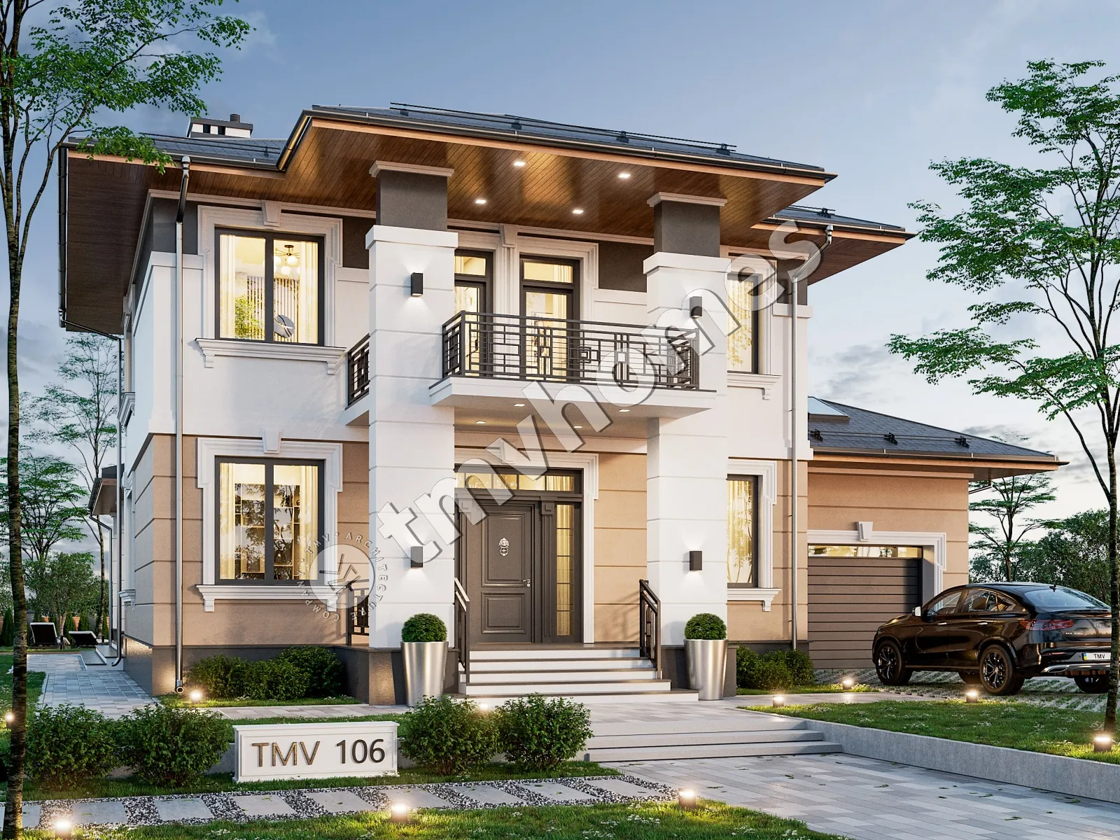 Divstāvu mājas projekts 332 m²: 3 Guļamistabas, 3 Vannasistabas, Atvērta virtuve, Garāža