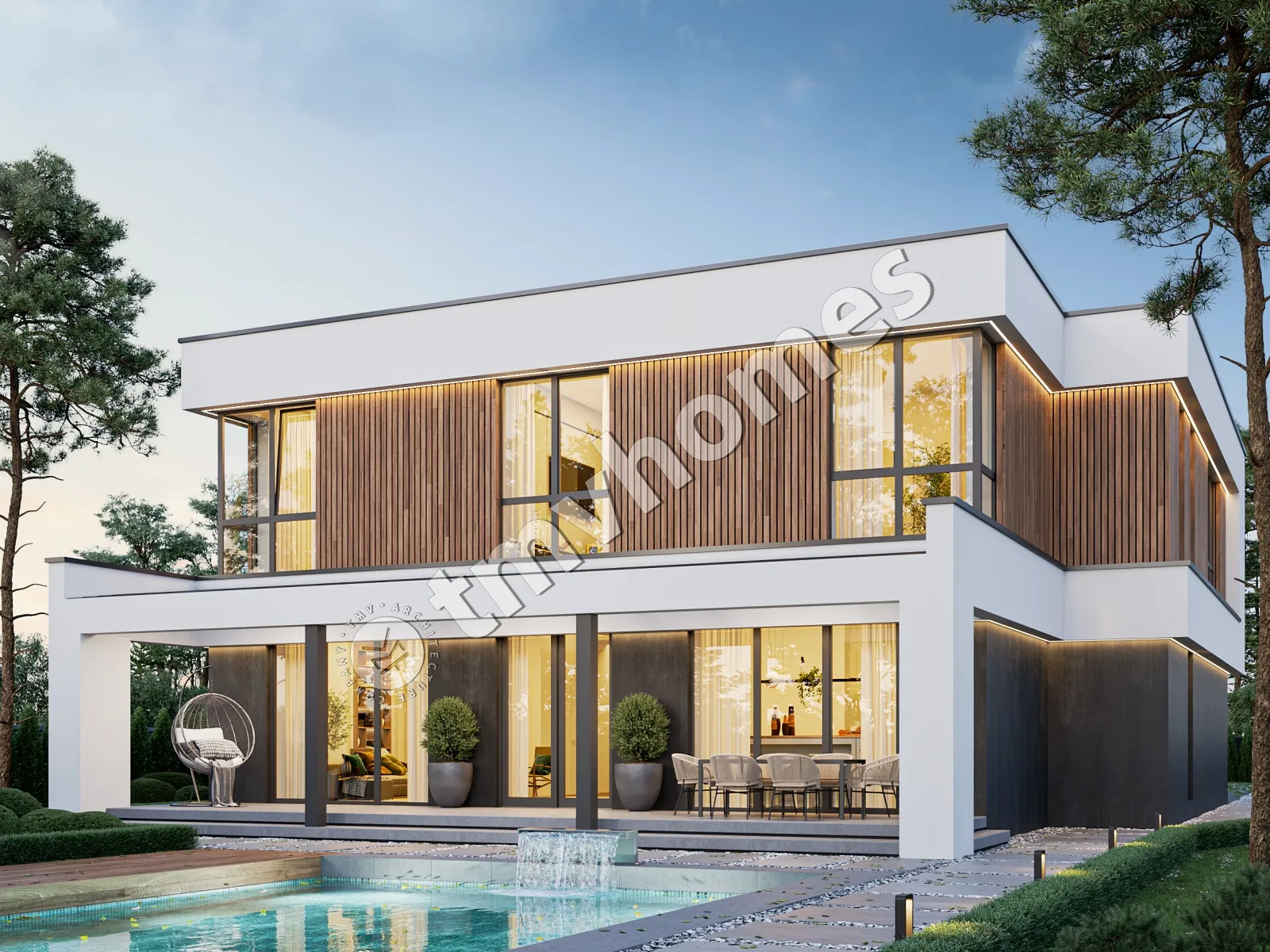 Divstāvu mājas projekts 337 m²: 4 Guļamistabas, Darba istaba, 3 Vannasistabas, Atvērta virtuve, Garāža