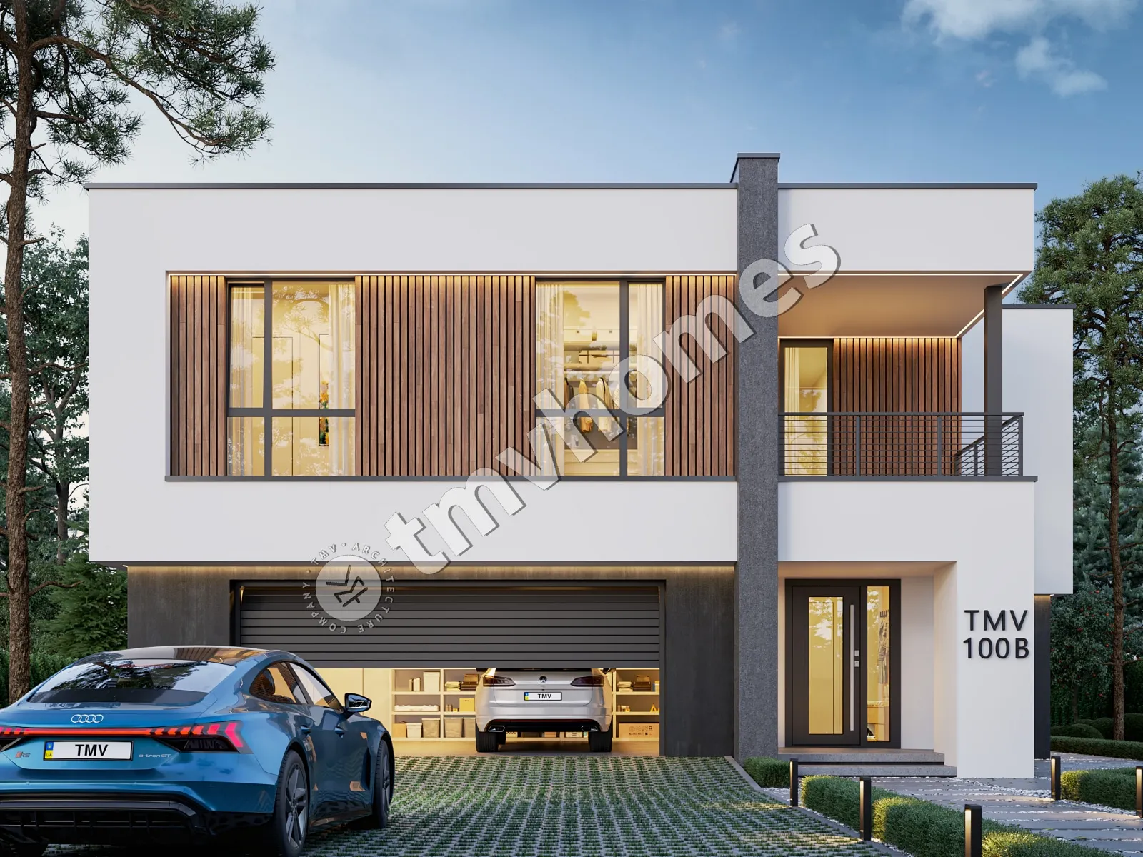 Divstāvu mājas projekts 337 m²: 4 Guļamistabas, Darba istaba, 3 Vannasistabas, Atvērta virtuve, Garāža