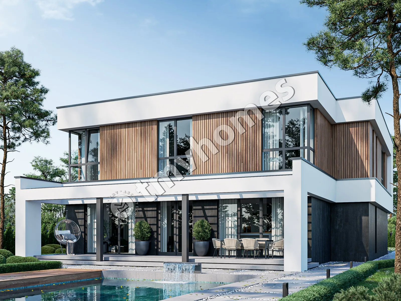 Divstāvu mājas projekts 337 m²: 4 Guļamistabas, Darba istaba, 3 Vannasistabas, Atvērta virtuve, Garāža