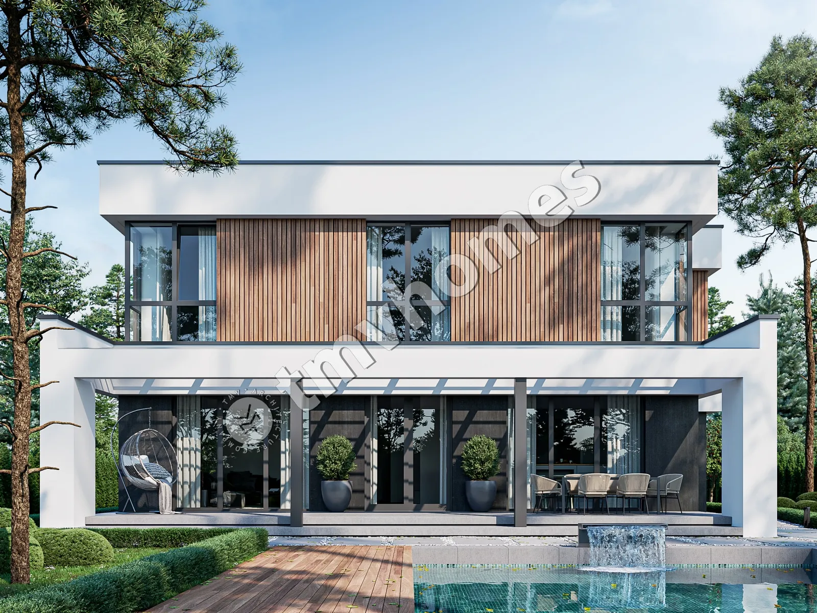 Divstāvu mājas projekts 337 m²: 4 Guļamistabas, Darba istaba, 3 Vannasistabas, Atvērta virtuve, Garāža