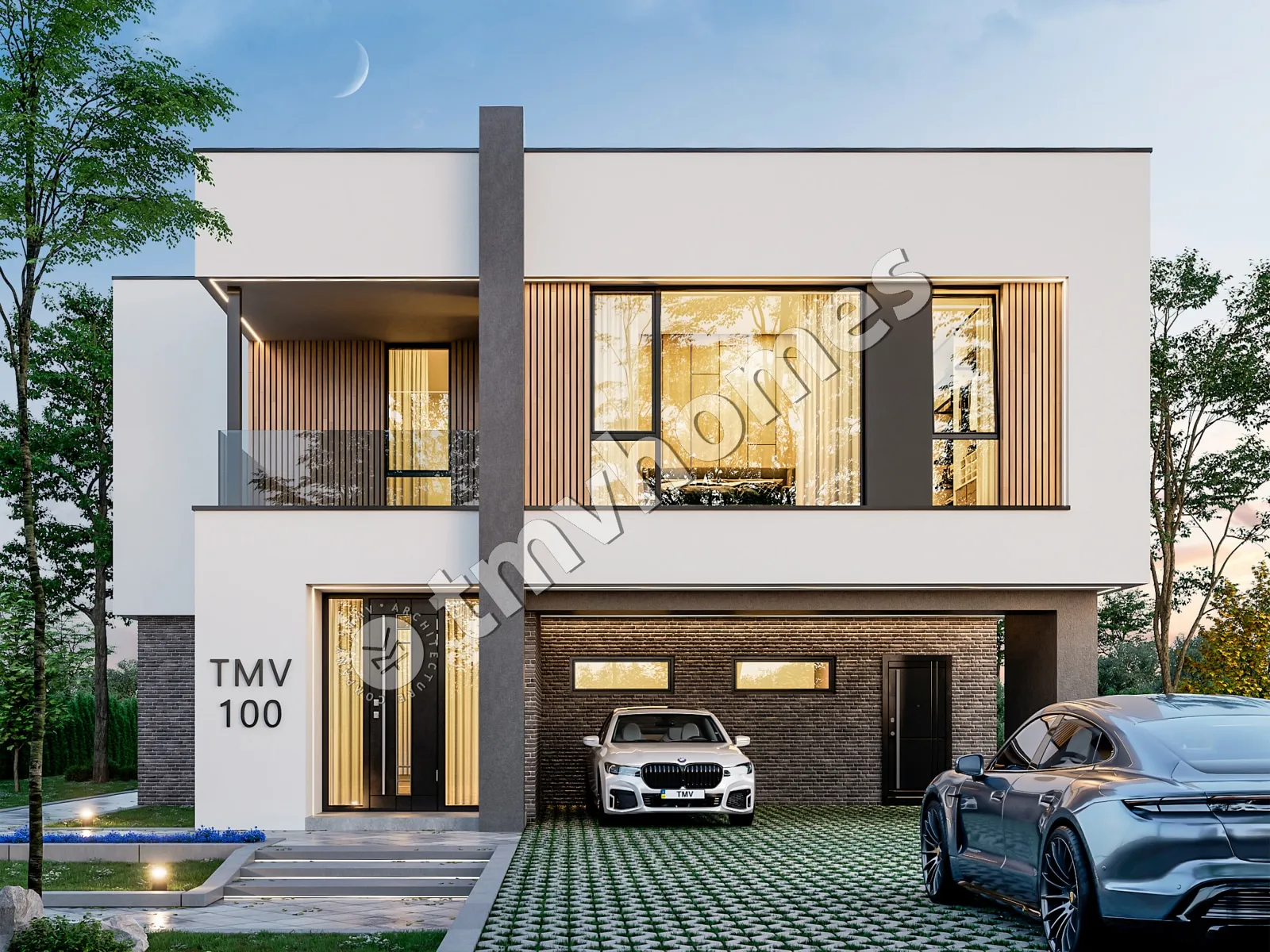 Divstāvu mājas projekts 252 m²: 3 Guļamistabas, Darba istaba, 3 Vannasistabas, Atvērta virtuve, bez Garāžas