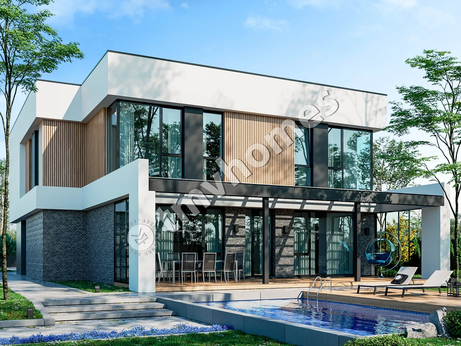 Divstāvu mājas projekts 252 m²: 3 Guļamistabas, Darba istaba, 3 Vannasistabas, Atvērta virtuve, bez Garāžas