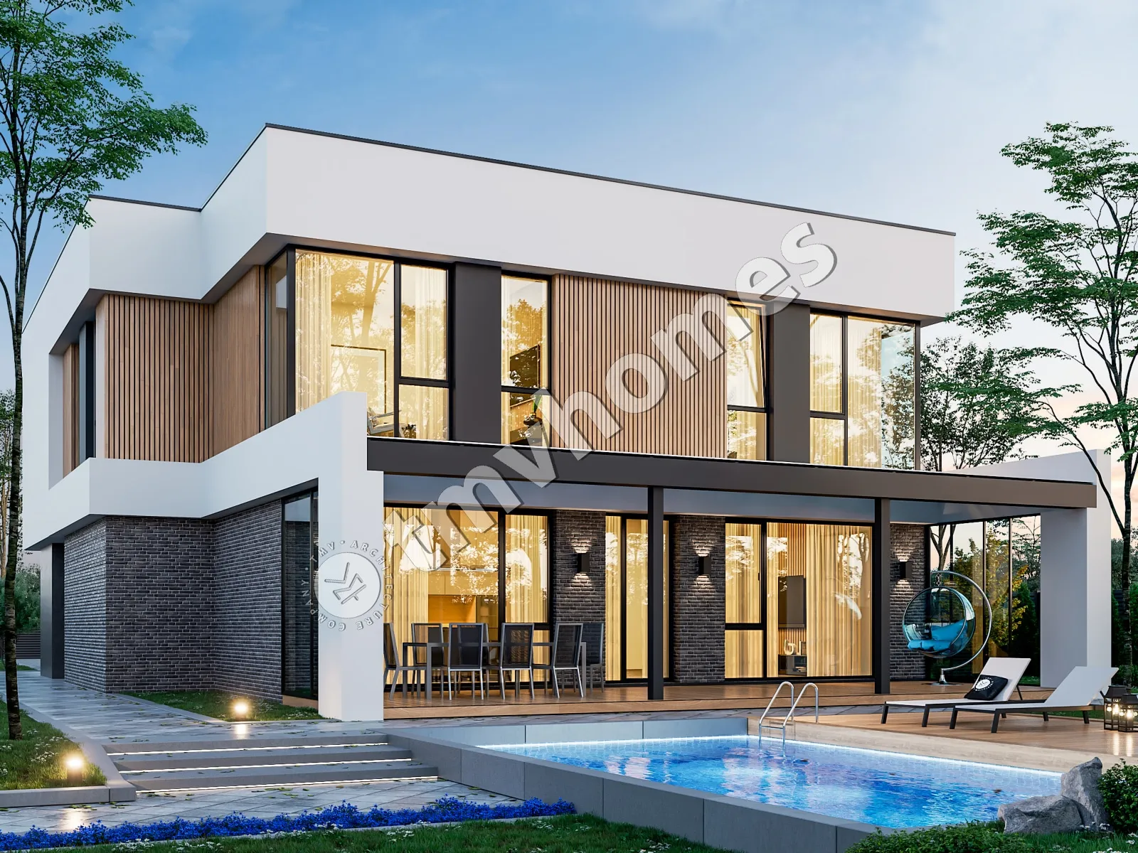 Divstāvu mājas projekts 252 m²: 3 Guļamistabas, Darba istaba, 3 Vannasistabas, Atvērta virtuve, bez Garāžas