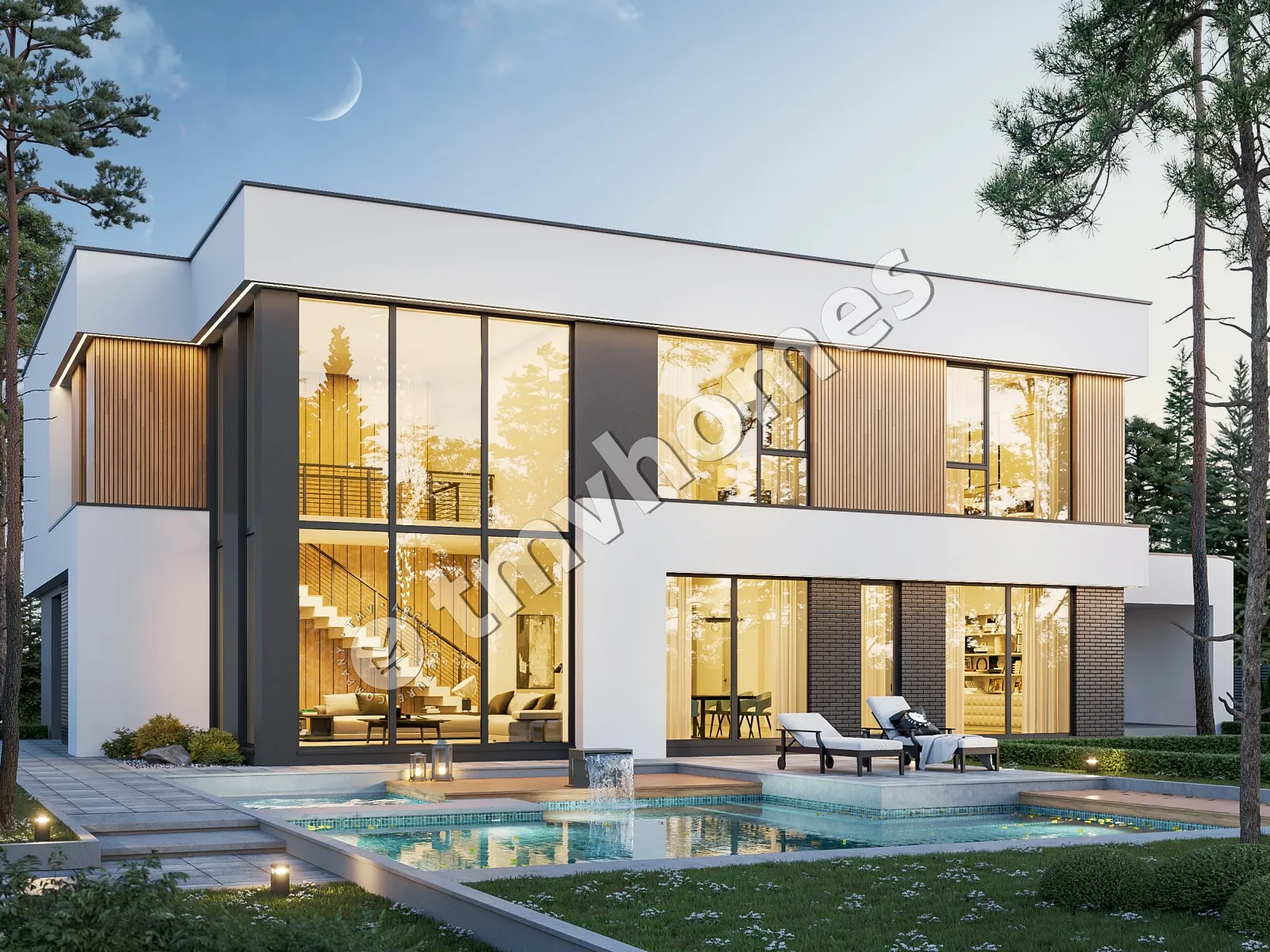 Divstāvu mājas projekts 363 m²: 5 Guļamistabas, 4 Vannasistabas, Atvērta virtuve, bez Garāžas