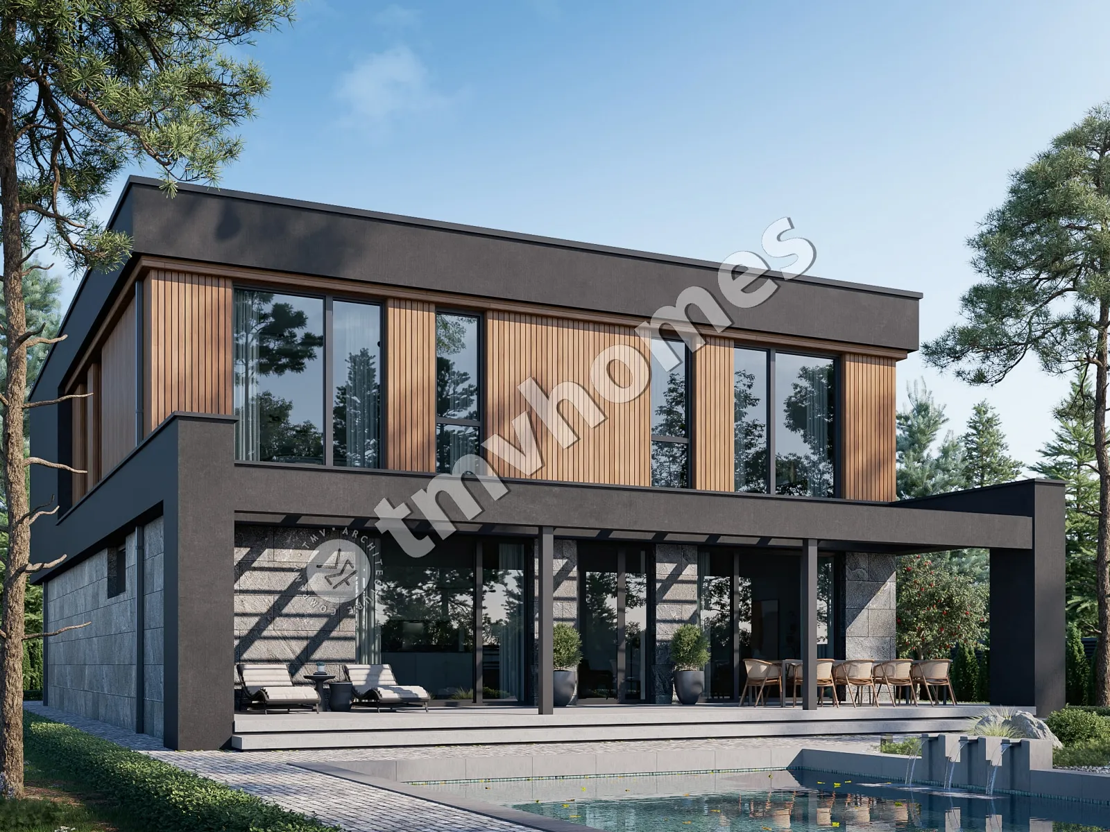 Divstāvu mājas projekts 331 m²: 3 Guļamistabas, Darba istaba, 3 Vannasistabas, Atvērta virtuve, Garāža