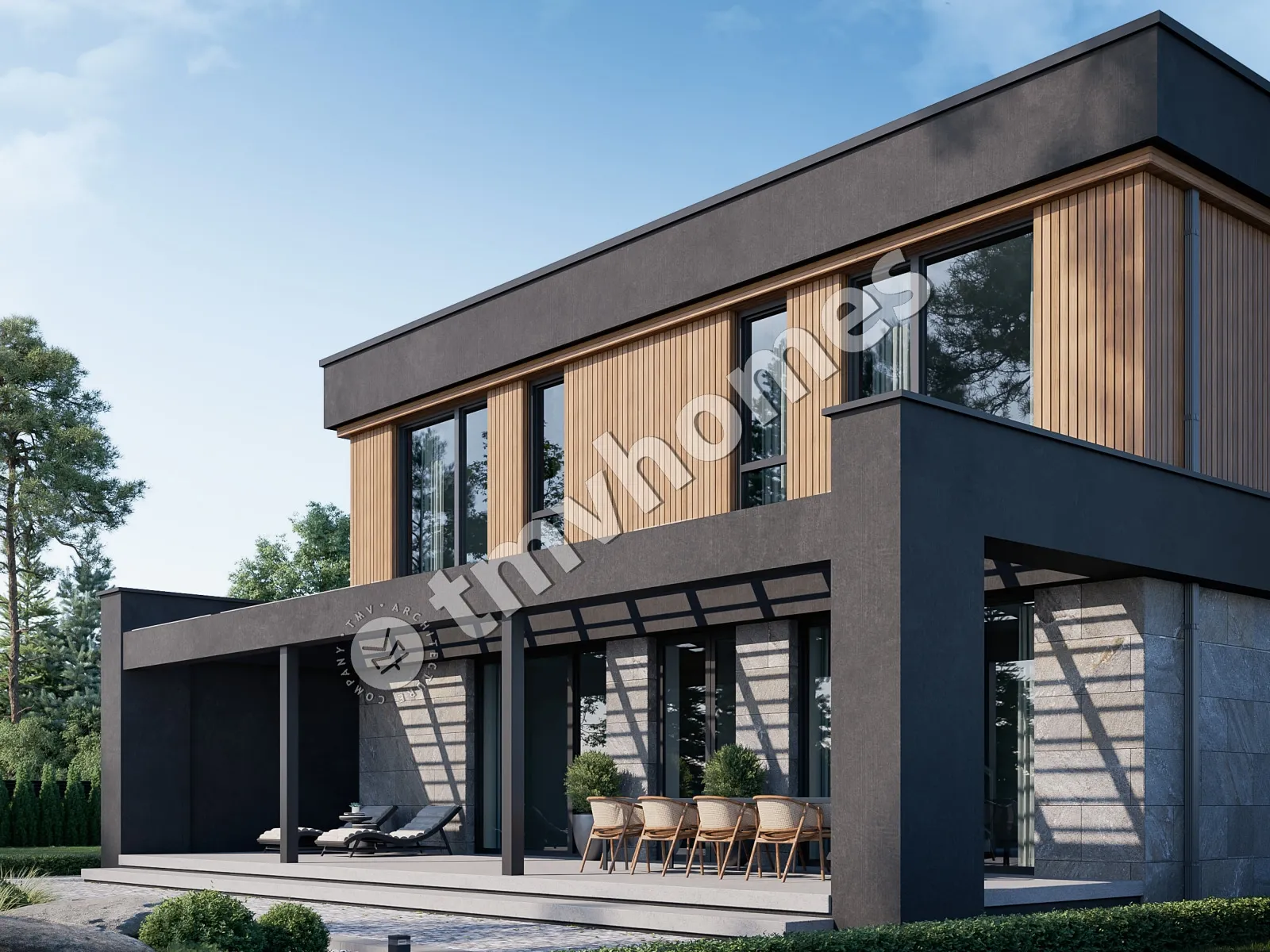 Divstāvu mājas projekts 331 m²: 3 Guļamistabas, Darba istaba, 3 Vannasistabas, Atvērta virtuve, Garāža