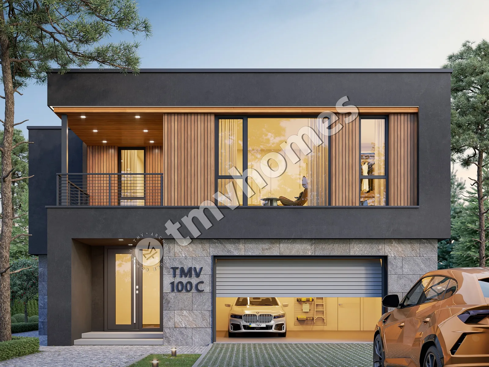 Divstāvu mājas projekts 331 m²: 3 Guļamistabas, Darba istaba, 3 Vannasistabas, Atvērta virtuve, Garāža