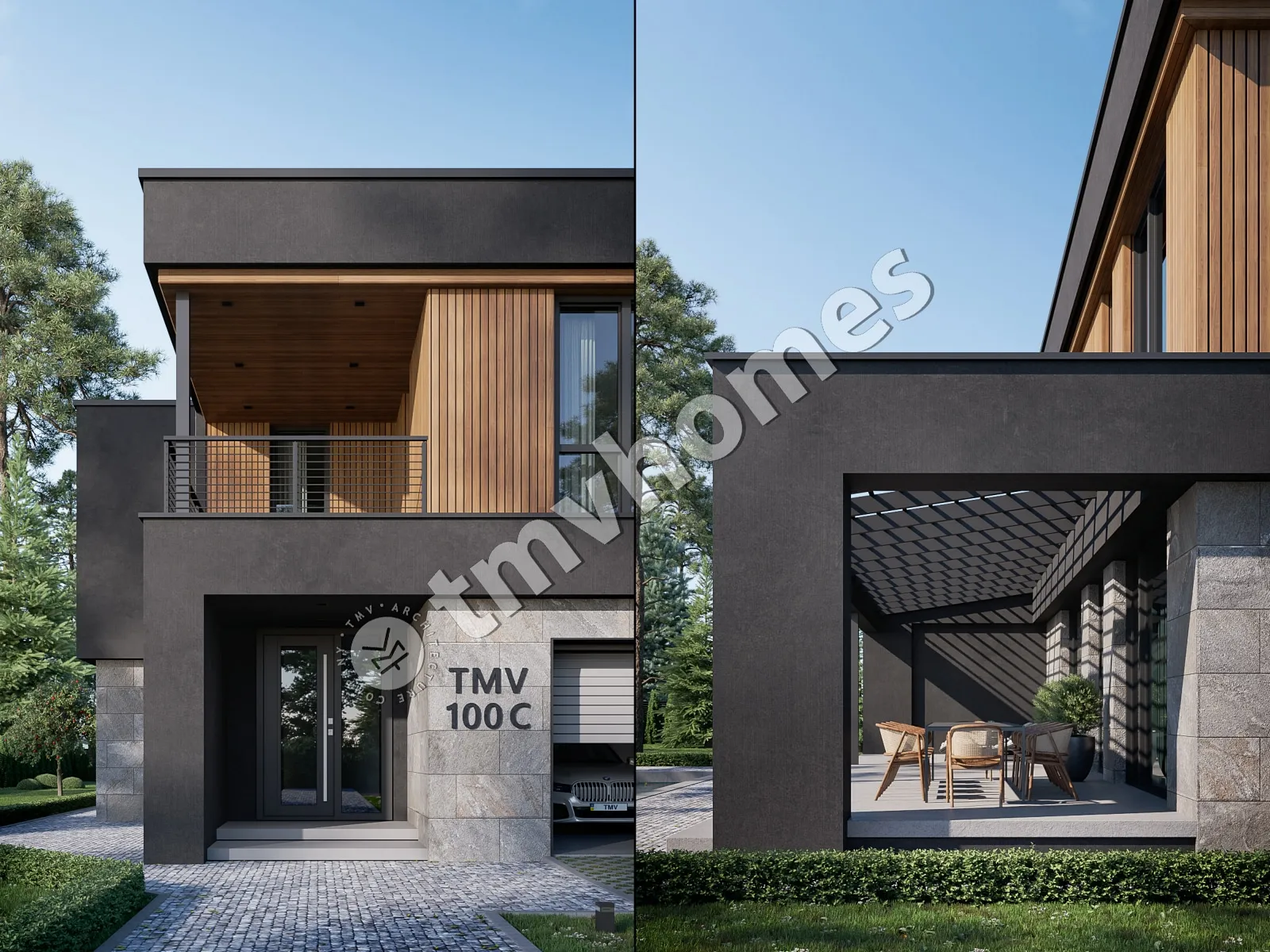 Divstāvu mājas projekts 331 m²: 3 Guļamistabas, Darba istaba, 3 Vannasistabas, Atvērta virtuve, Garāža