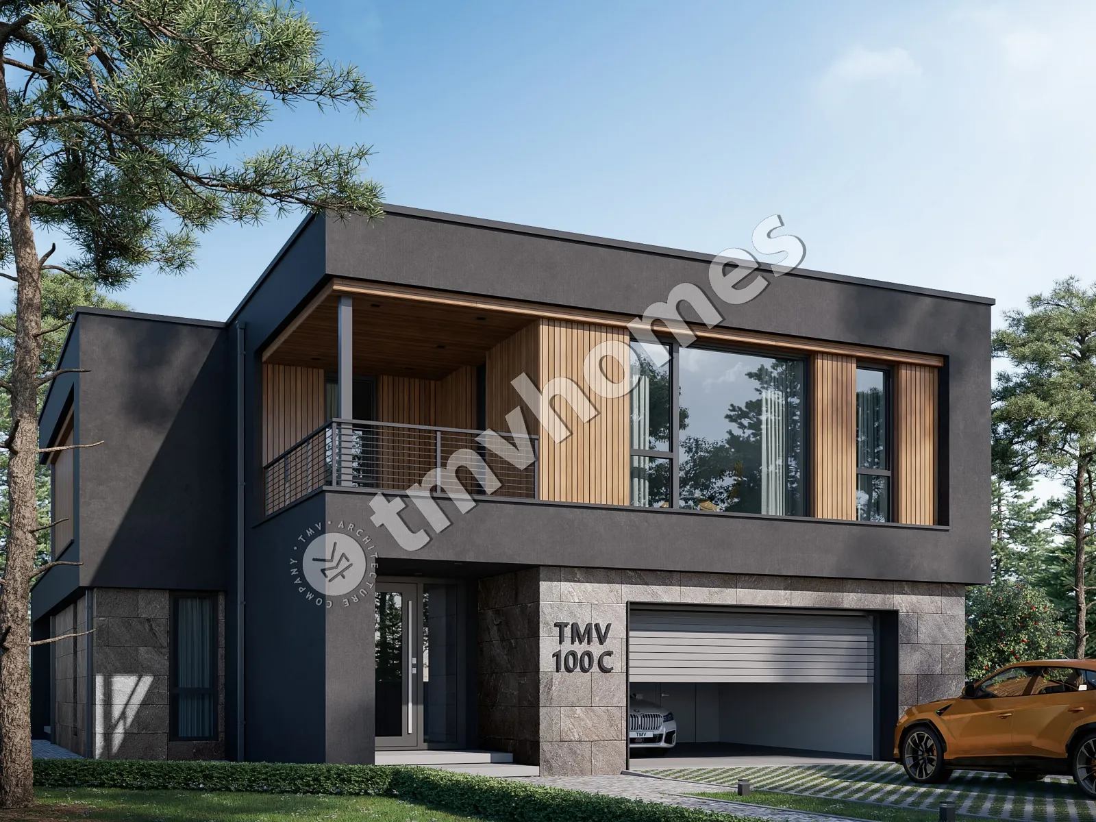 Divstāvu mājas projekts 331 m²: 3 Guļamistabas, Darba istaba, 3 Vannasistabas, Atvērta virtuve, Garāža