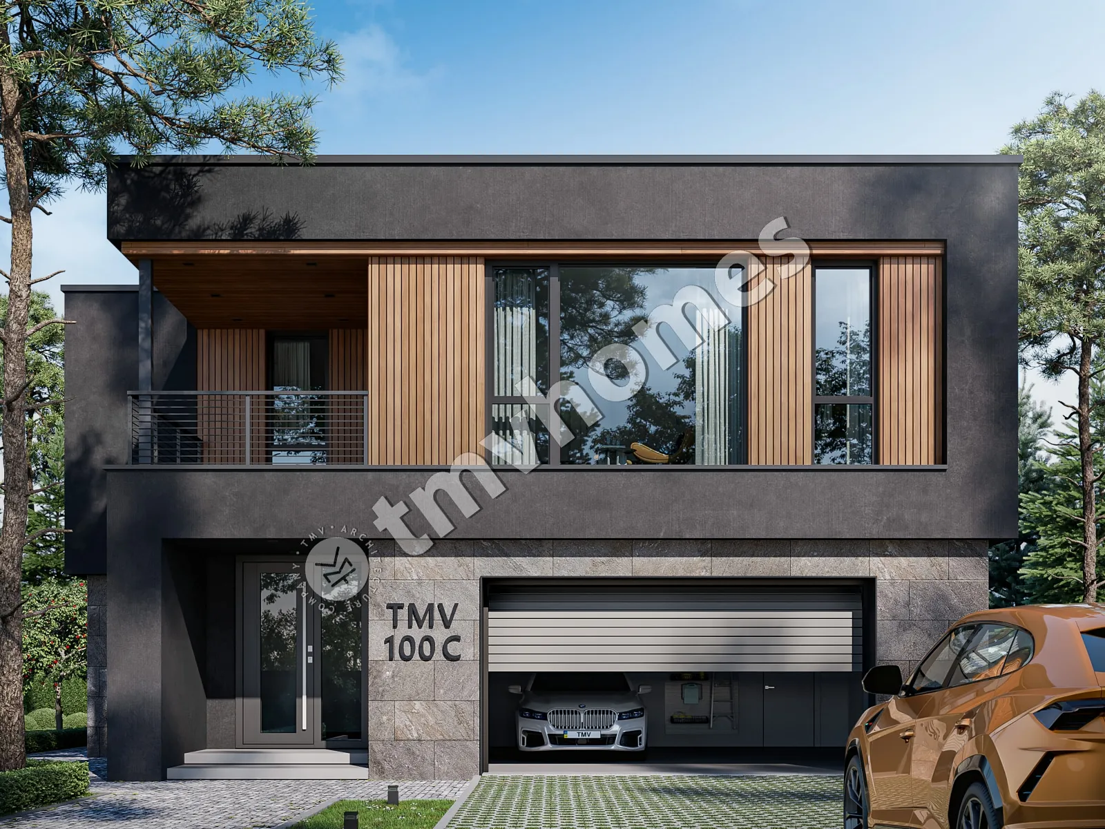 Divstāvu mājas projekts 331 m²: 3 Guļamistabas, Darba istaba, 3 Vannasistabas, Atvērta virtuve, Garāža