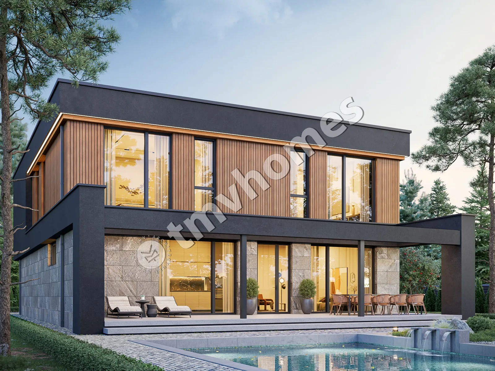 Divstāvu mājas projekts 331 m²: 3 Guļamistabas, Darba istaba, 3 Vannasistabas, Atvērta virtuve, Garāža