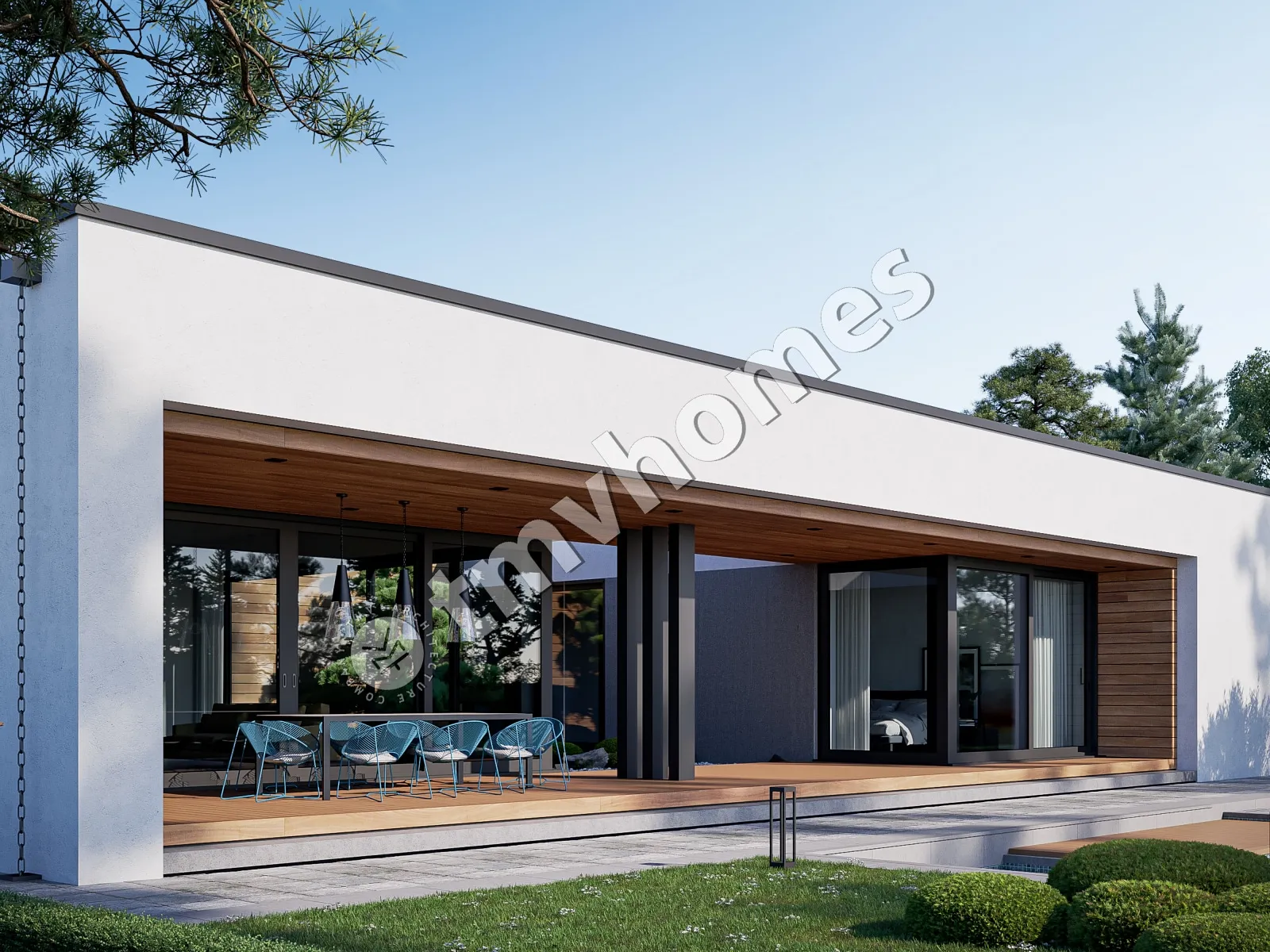 Vienstāva mājas projekts 243 m²: 4 Guļamistabas, 5 Vannasistabas, Atvērta virtuve, bez Garāžas