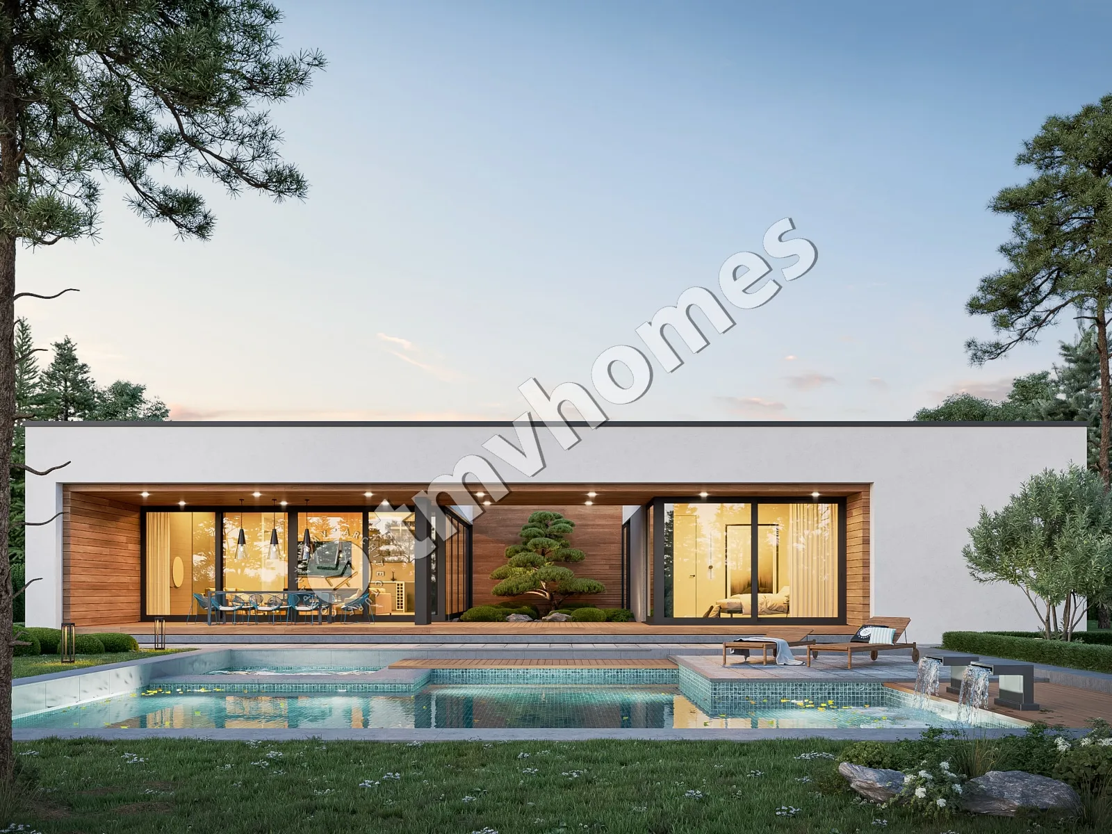 Vienstāva mājas projekts 243 m²: 4 Guļamistabas, 5 Vannasistabas, Atvērta virtuve, bez Garāžas