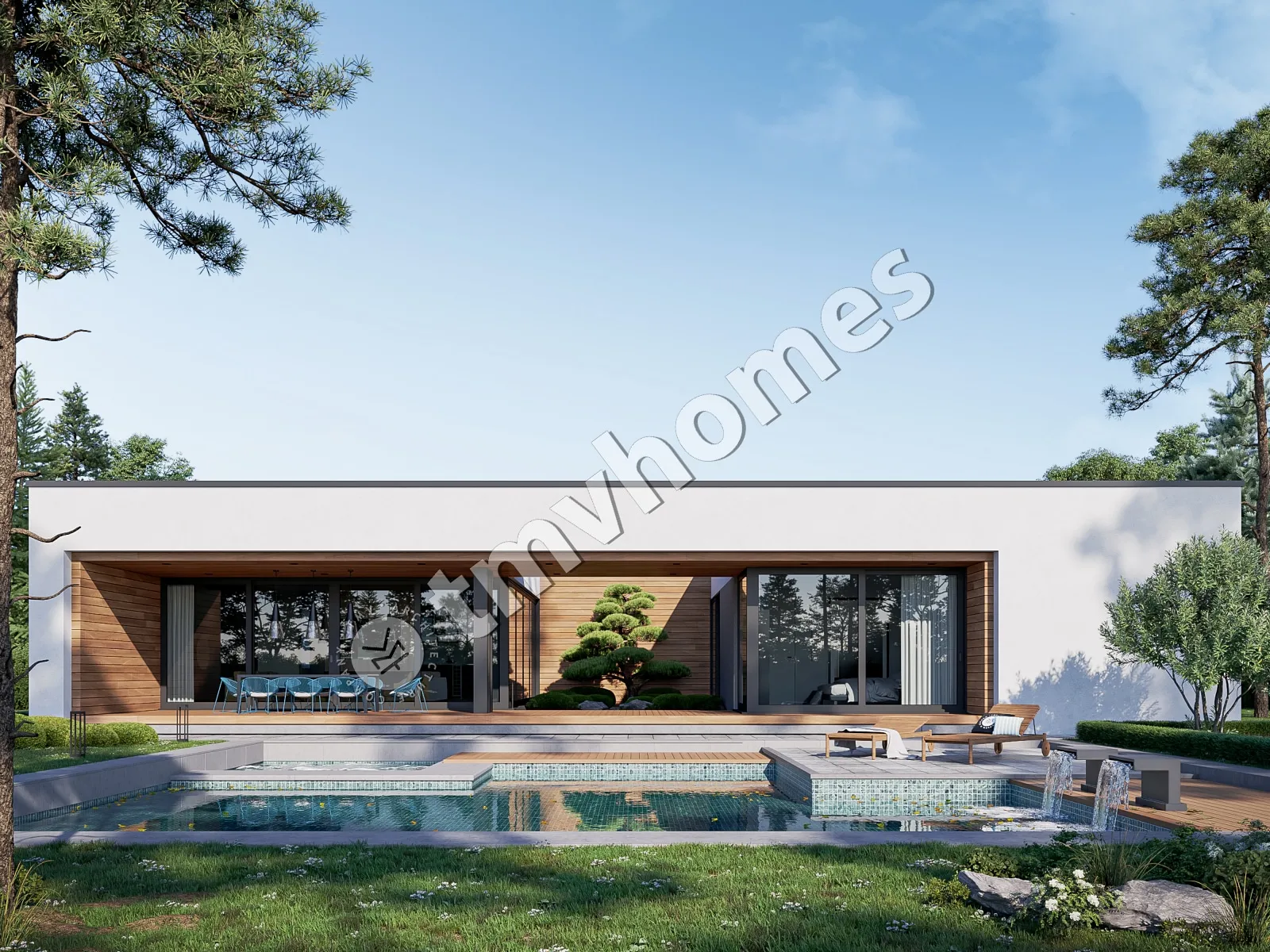 Vienstāva mājas projekts 243 m²: 4 Guļamistabas, 5 Vannasistabas, Atvērta virtuve, bez Garāžas
