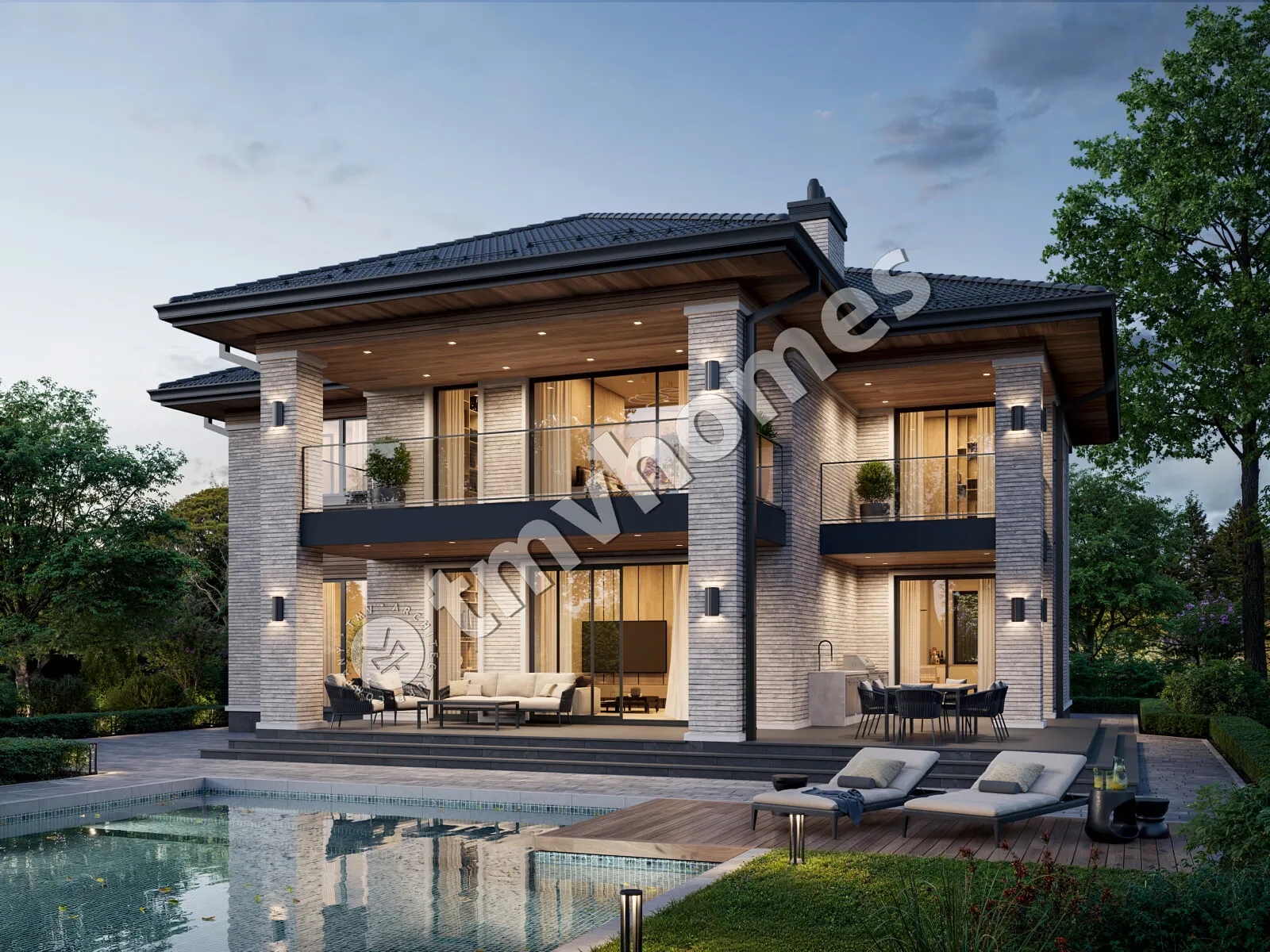 Divstāvu mājas projekts 353 m²: 4 Guļamistabas, Darba istaba, 3 Vannasistabas, bez Garāžas