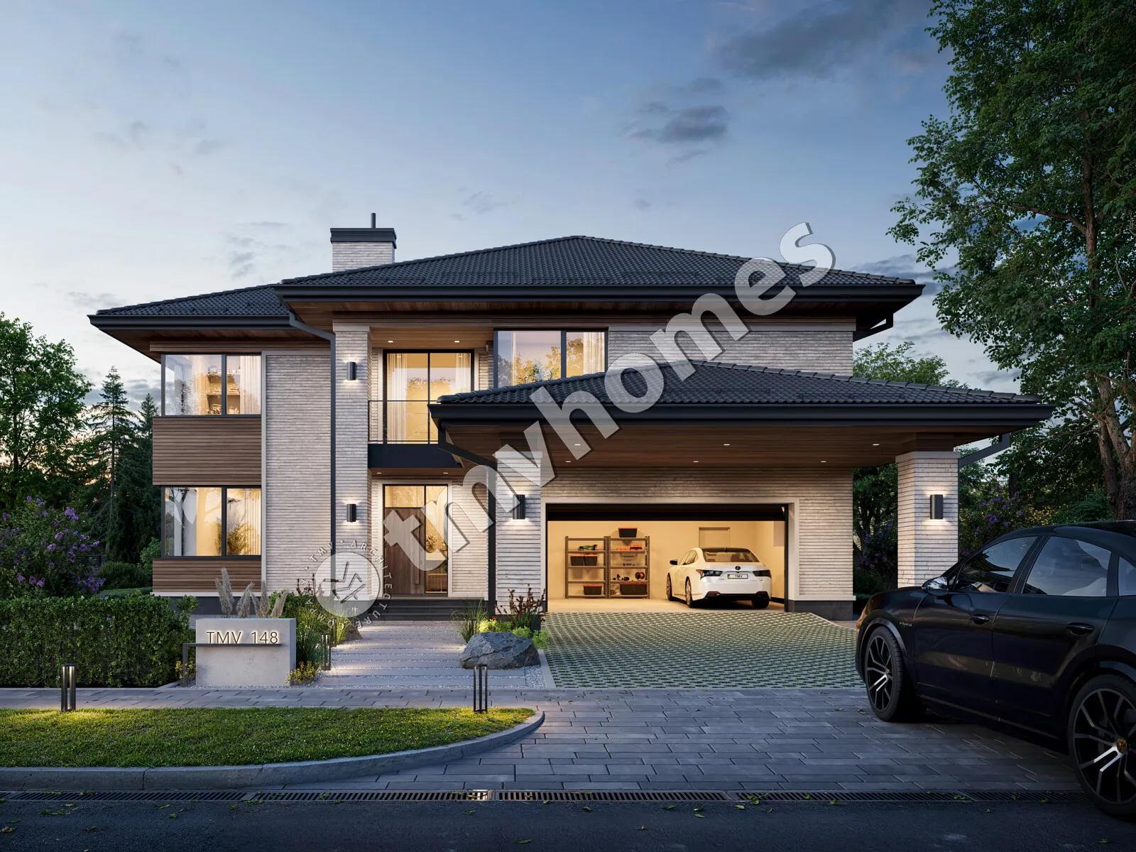 Divstāvu mājas projekts 353 m²: 4 Guļamistabas, Darba istaba, 3 Vannasistabas, bez Garāžas