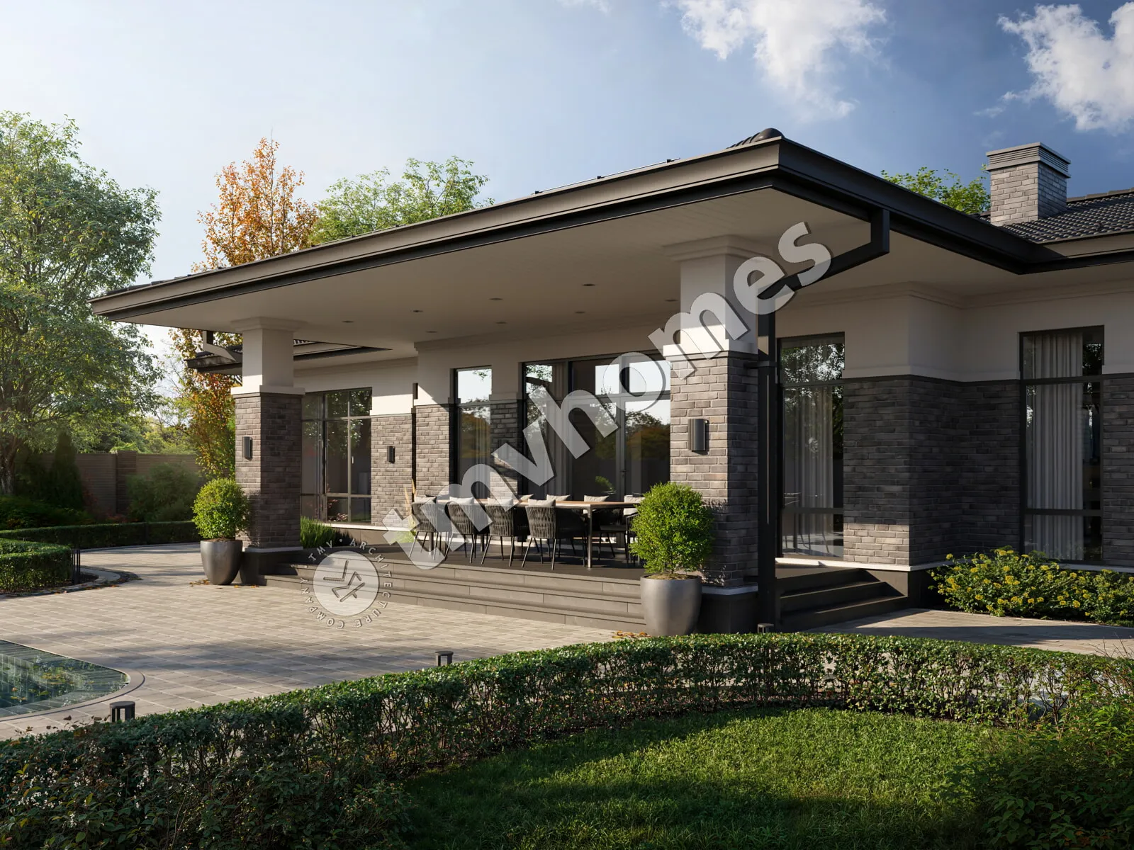 Vienstāva mājas projekts 212 m²: 3 Guļamistabas, Darba istaba, 3 Vannasistabas, Atvērta virtuve, bez Garāžas