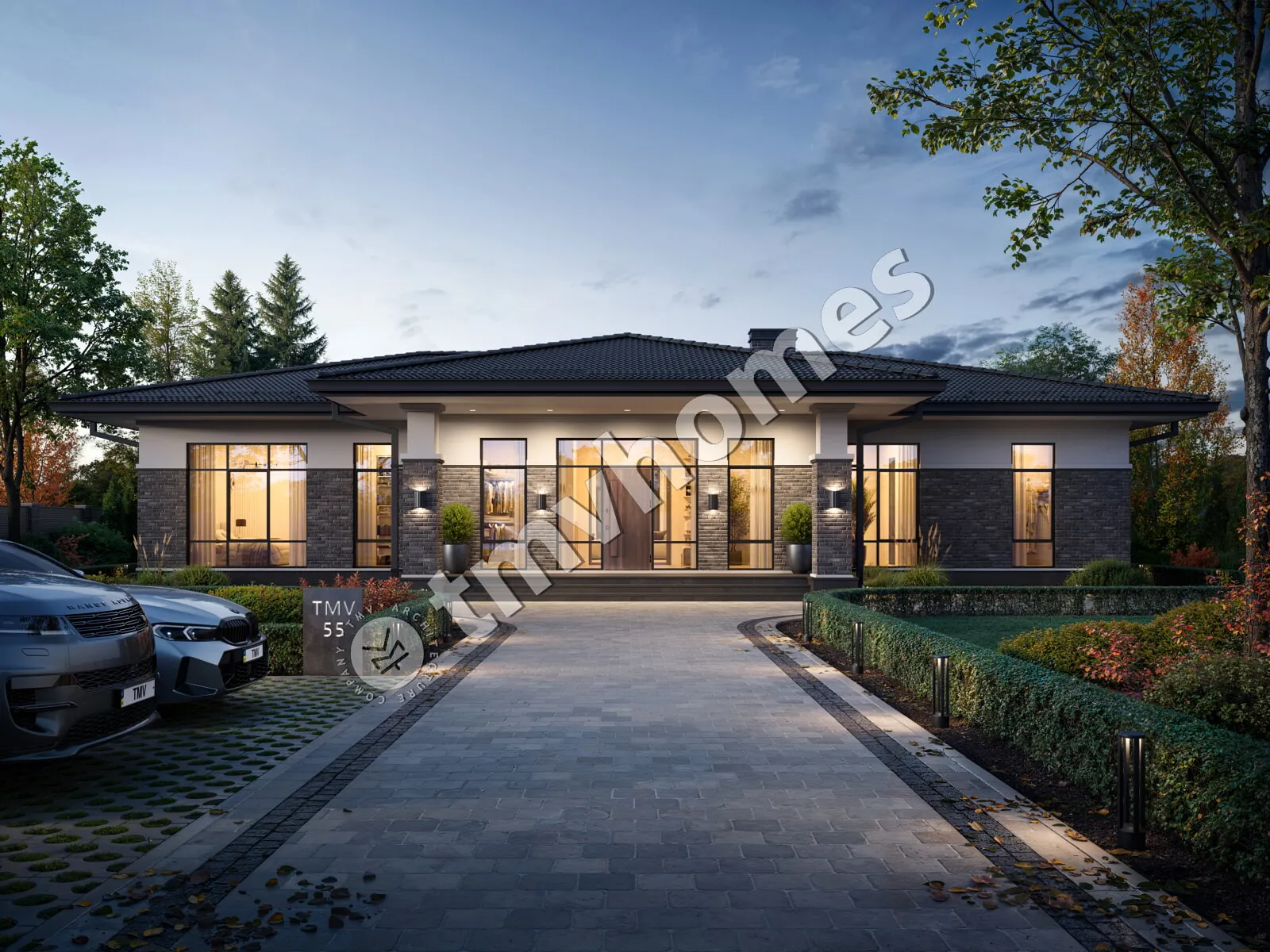 Vienstāva mājas projekts 212 m²: 3 Guļamistabas, Darba istaba, 3 Vannasistabas, Atvērta virtuve, bez Garāžas