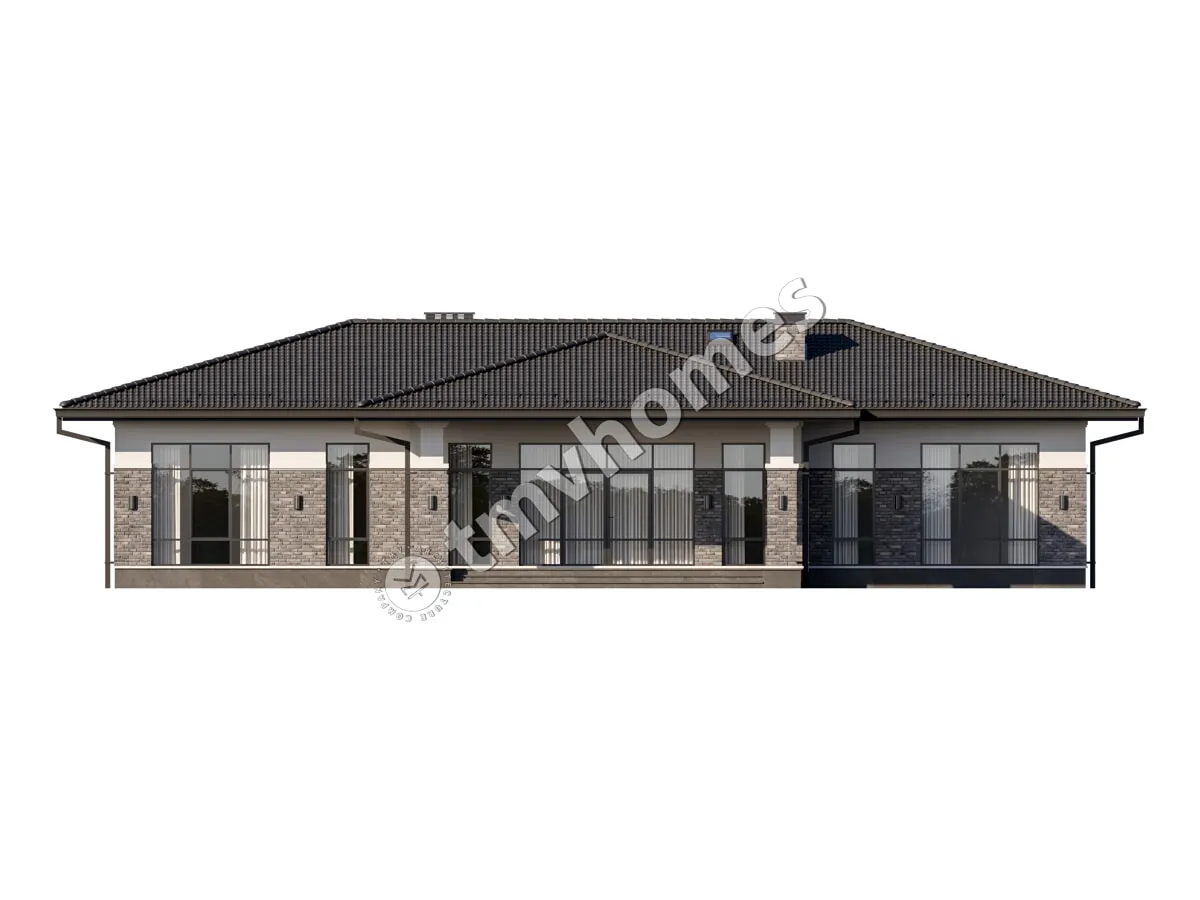 Vienstāva mājas projekts 212 m²: 3 Guļamistabas, Darba istaba, 3 Vannasistabas, Atvērta virtuve, bez Garāžas