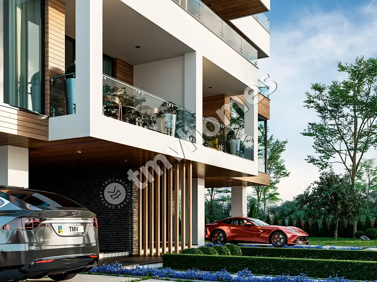 Modernas trīsstāvu dvīņu mājas projekts 126 m² m2 ar lieliem logiem un jumta terasi