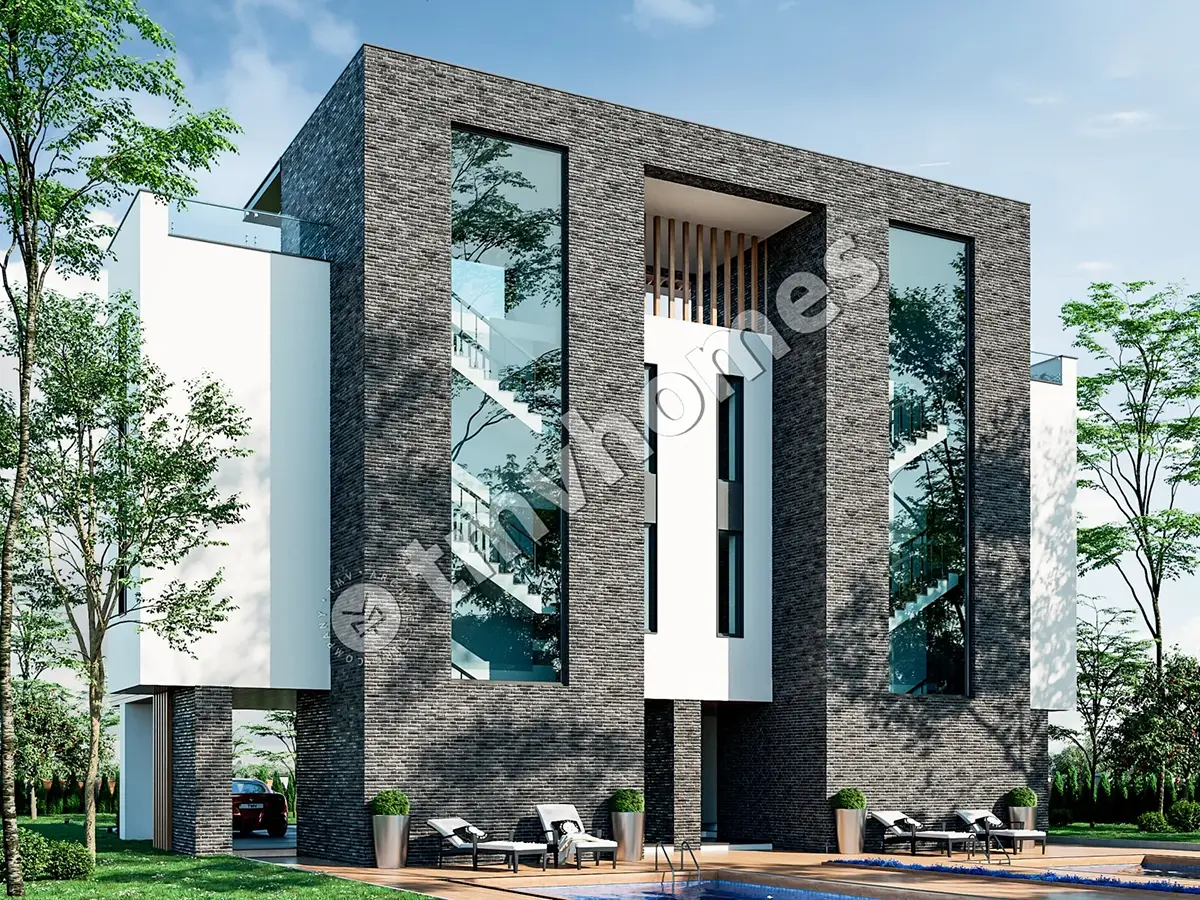Modernas trīsstāvu dvīņu mājas projekts 126 m² m2 ar lieliem logiem un jumta terasi