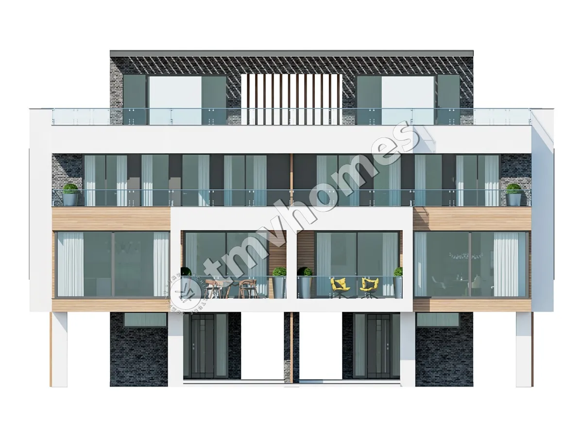 Modernas trīsstāvu dvīņu mājas projekts 126 m² m2 ar lieliem logiem un jumta terasi