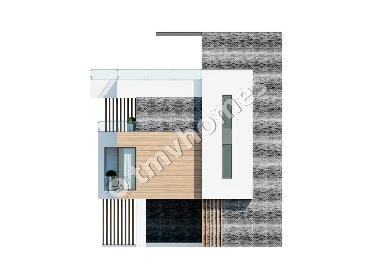 Modernas trīsstāvu dvīņu mājas projekts 126 m² m2 ar lieliem logiem un jumta terasi