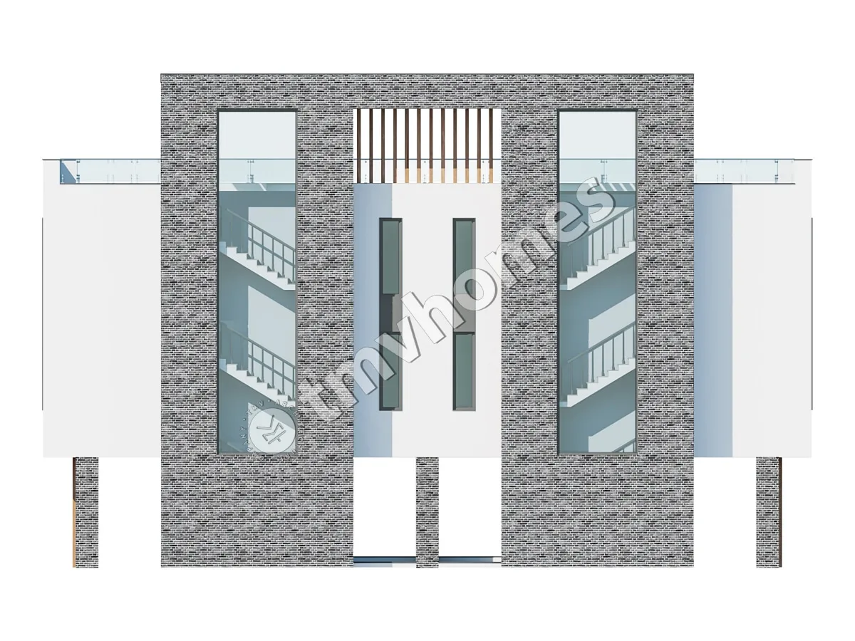 Modernas trīsstāvu dvīņu mājas projekts 126 m² m2 ar lieliem logiem un jumta terasi