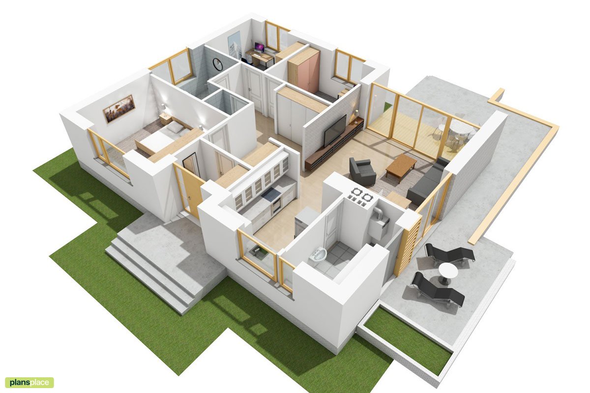 1-Story Gable Roof House Plan with 3 Beds and Deck