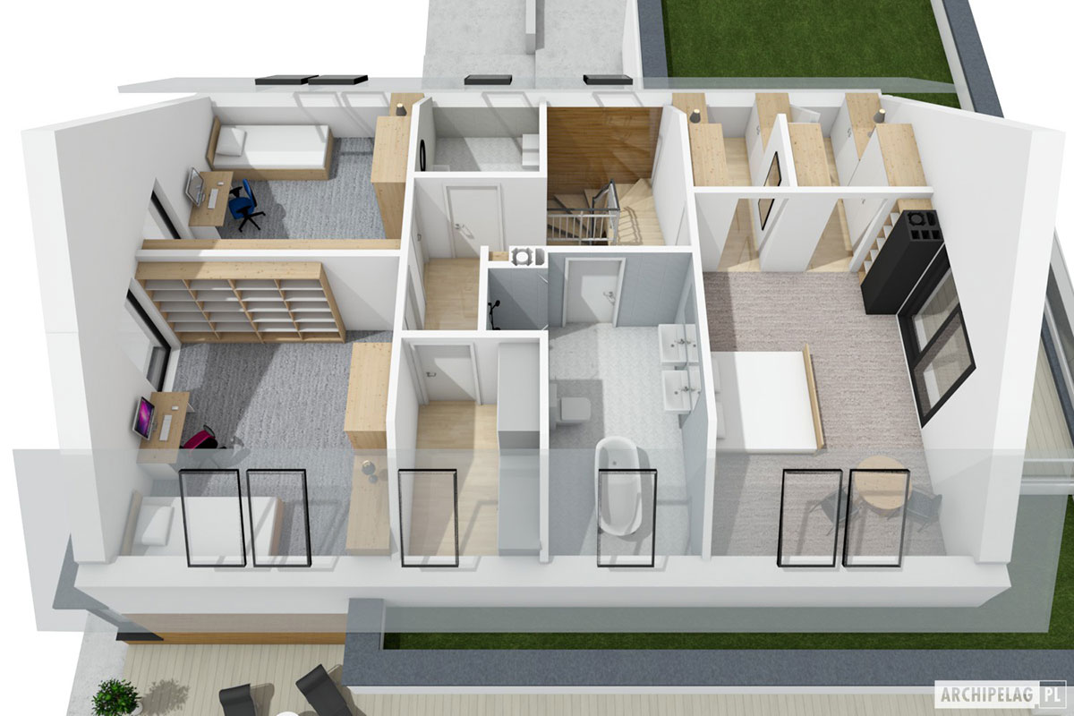 Single Floor Plan with Fireplace in Center of House and Garage
