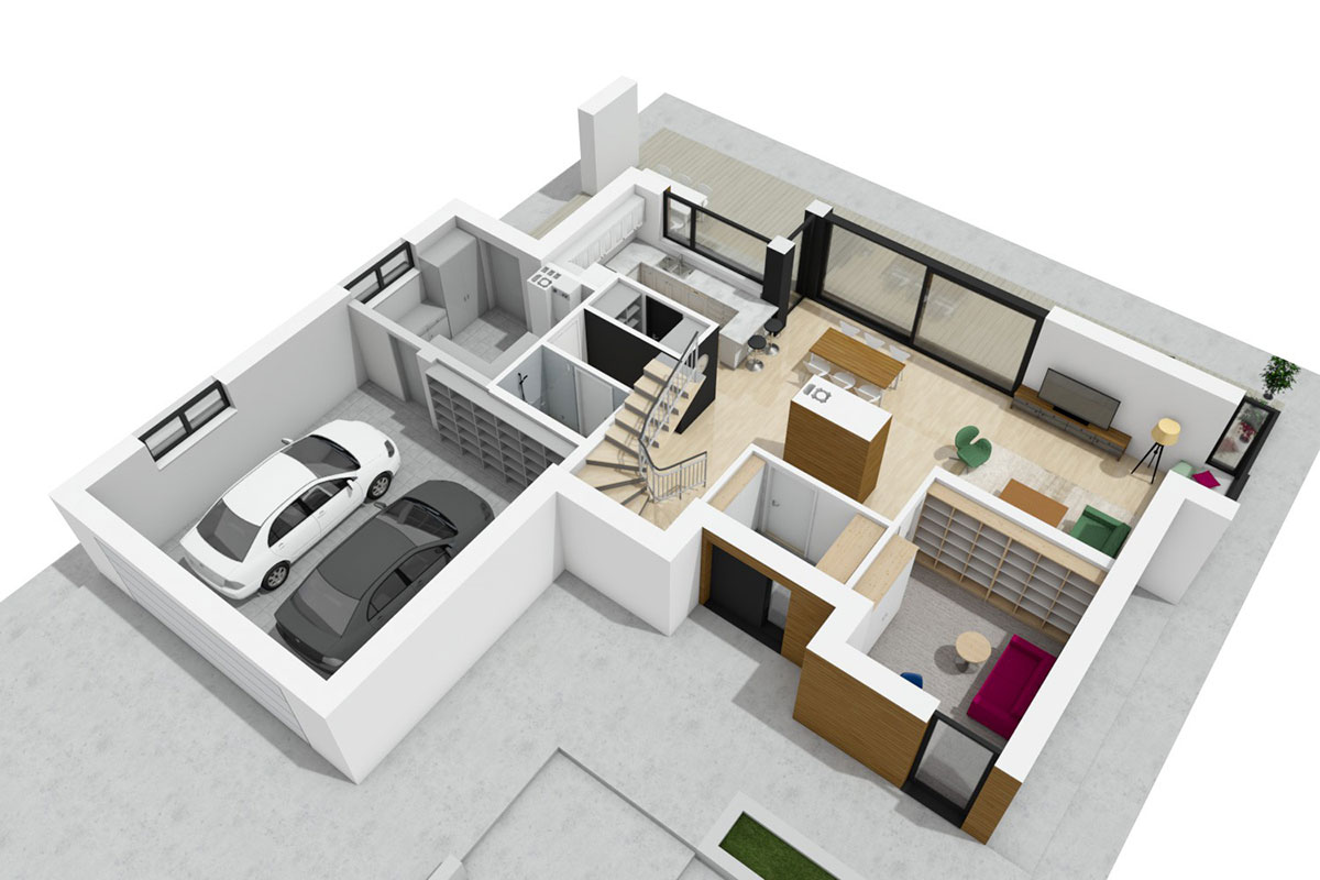 Single Floor Plan with Fireplace in Center of House and Garage