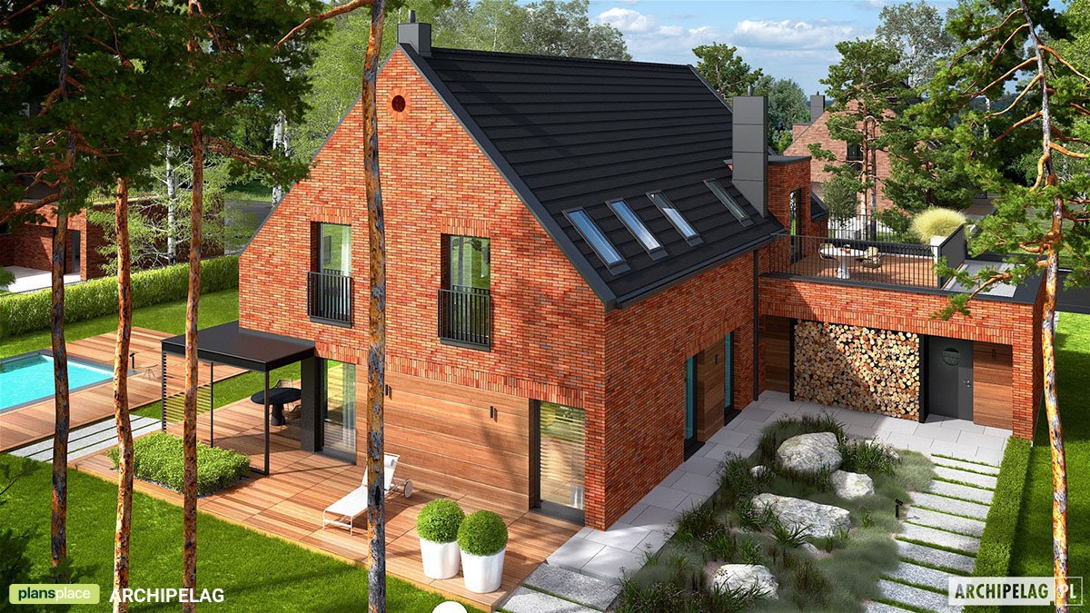 Mājas projekts ar mansardu 298 m²: 4 Guļamistabas, Darba istaba, 3 Vannasistabas, Atvērta virtuve, Garāža