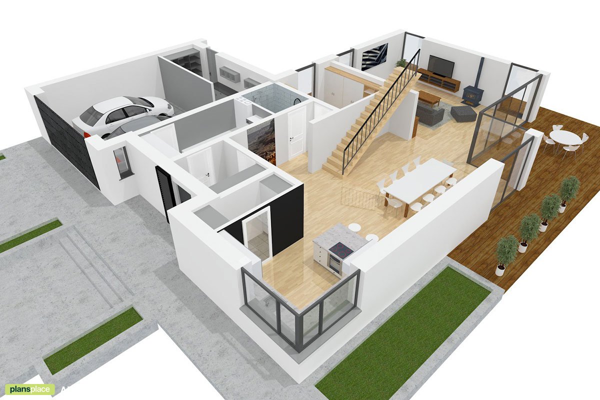 Mājas projekts ar mansardu 298 m²: 4 Guļamistabas, Darba istaba, 3 Vannasistabas, Atvērta virtuve, Garāža
