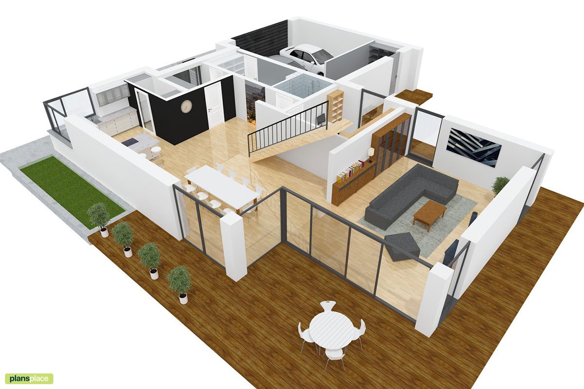 Mājas projekts ar mansardu 298 m²: 4 Guļamistabas, Darba istaba, 3 Vannasistabas, Atvērta virtuve, Garāža