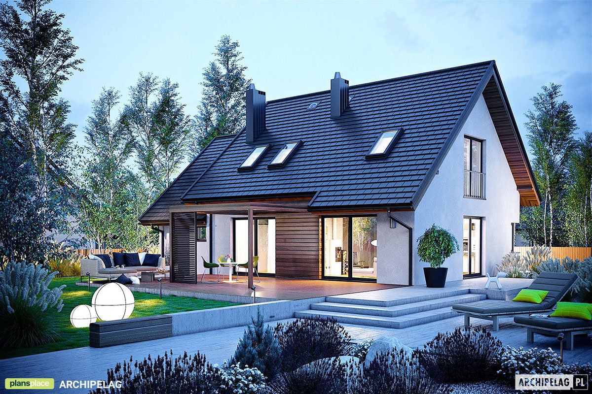 Mājas projekts ar mansardu 175 m²: 3 Guļamistabas, Darba istaba, 2 Vannasistabas, Atvērta virtuve, Garāža