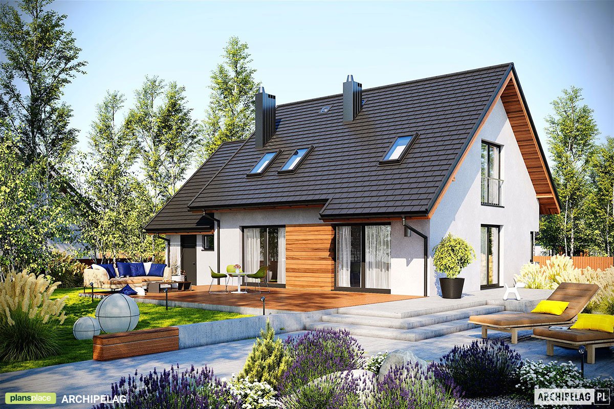 Mājas projekts ar mansardu 175 m²: 3 Guļamistabas, Darba istaba, 2 Vannasistabas, Atvērta virtuve, Garāža