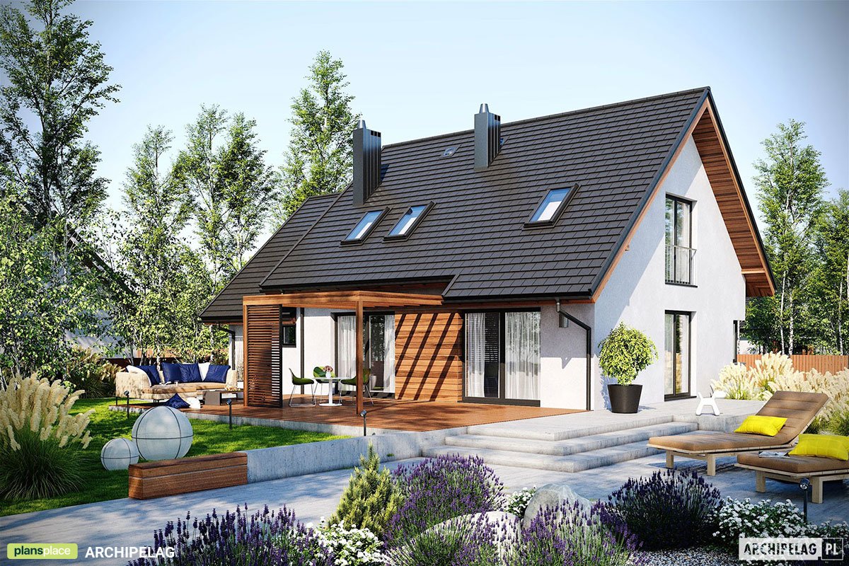 Mājas projekts ar mansardu 175 m²: 3 Guļamistabas, Darba istaba, 2 Vannasistabas, Atvērta virtuve, Garāža